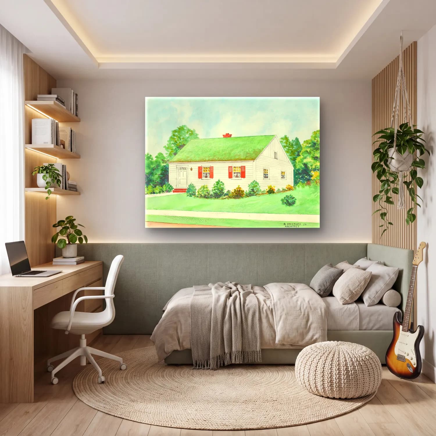 Suluboya Kır Evi – Yeşil Tonlar cam tablo — genç odasında