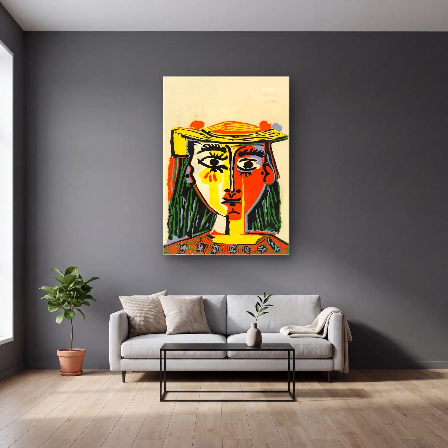 Pop Art Şapkalı Kadın – Sarı Tonlar cam tablo — gri duvarlı salonda