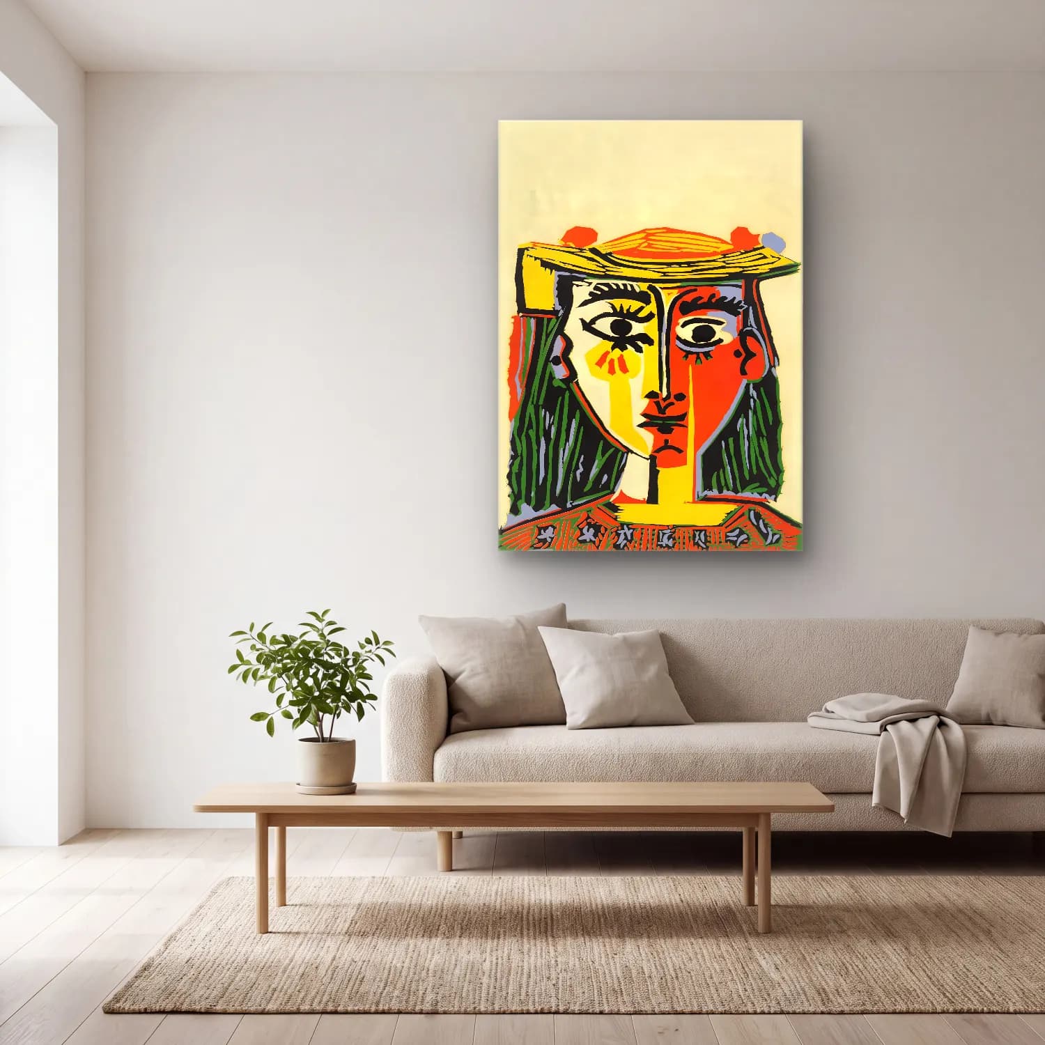 Pop Art Şapkalı Kadın – Sarı Tonlar cam tablo — açık renk salonda