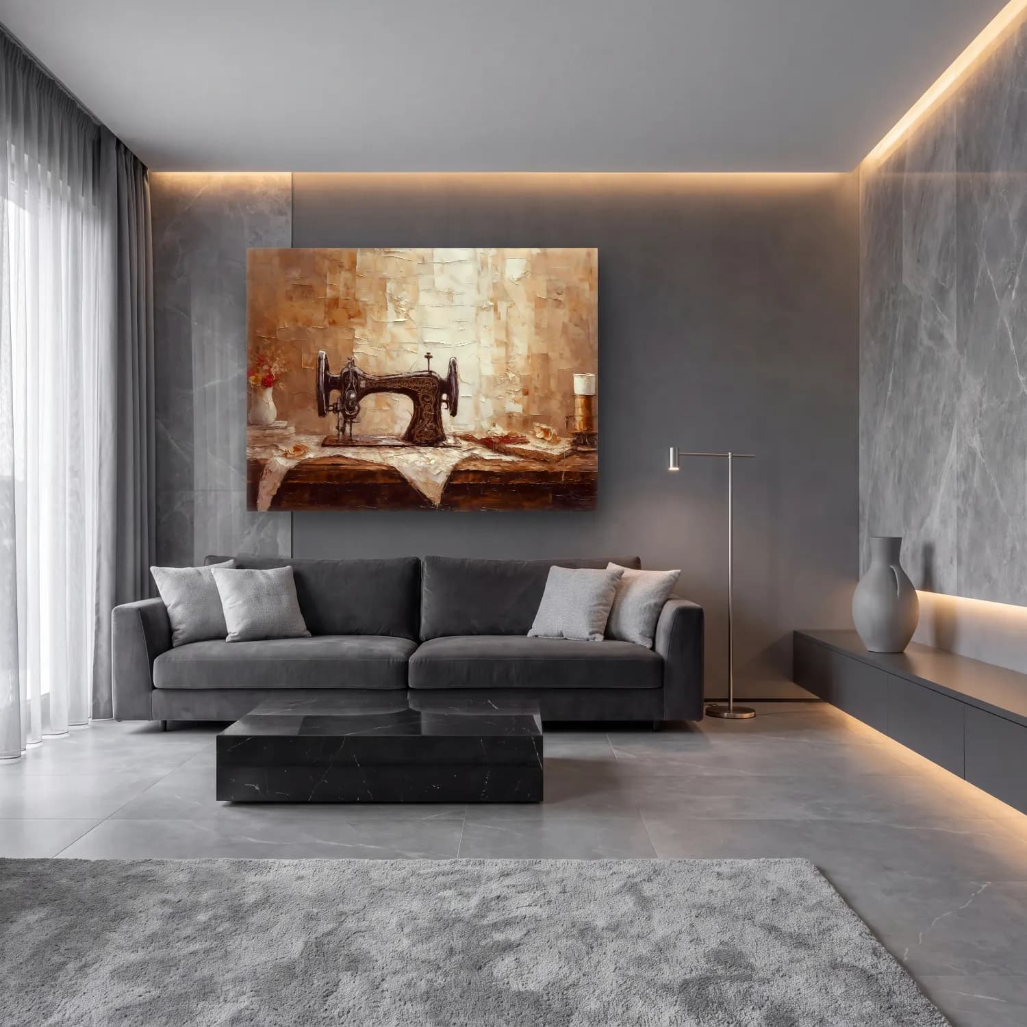 Yağlı Boya Vintage İç Mekân – Bej Tonlar cam tablo — lüks salon duvarında