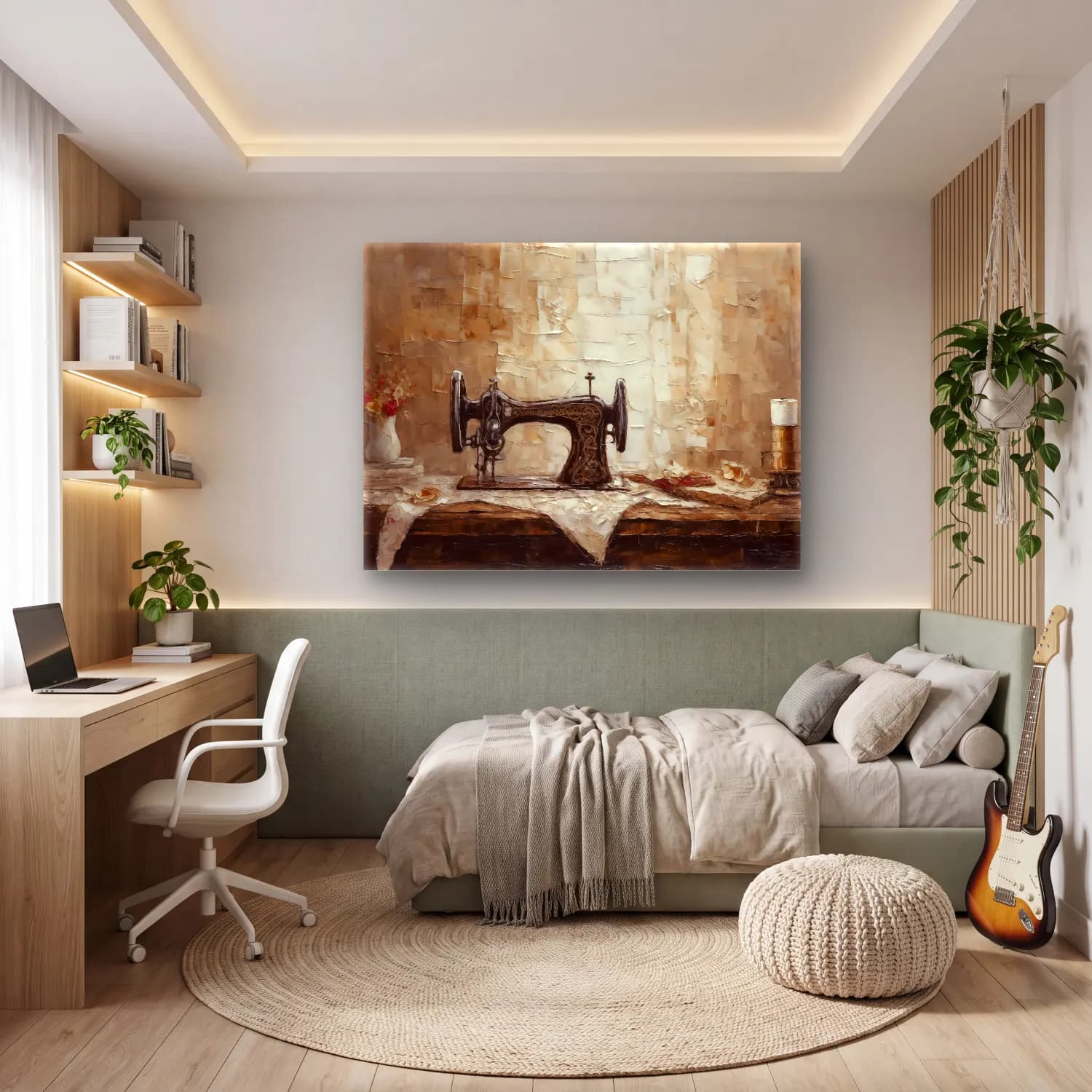 Yağlı Boya Vintage İç Mekân – Bej Tonlar cam tablo — genç odasında