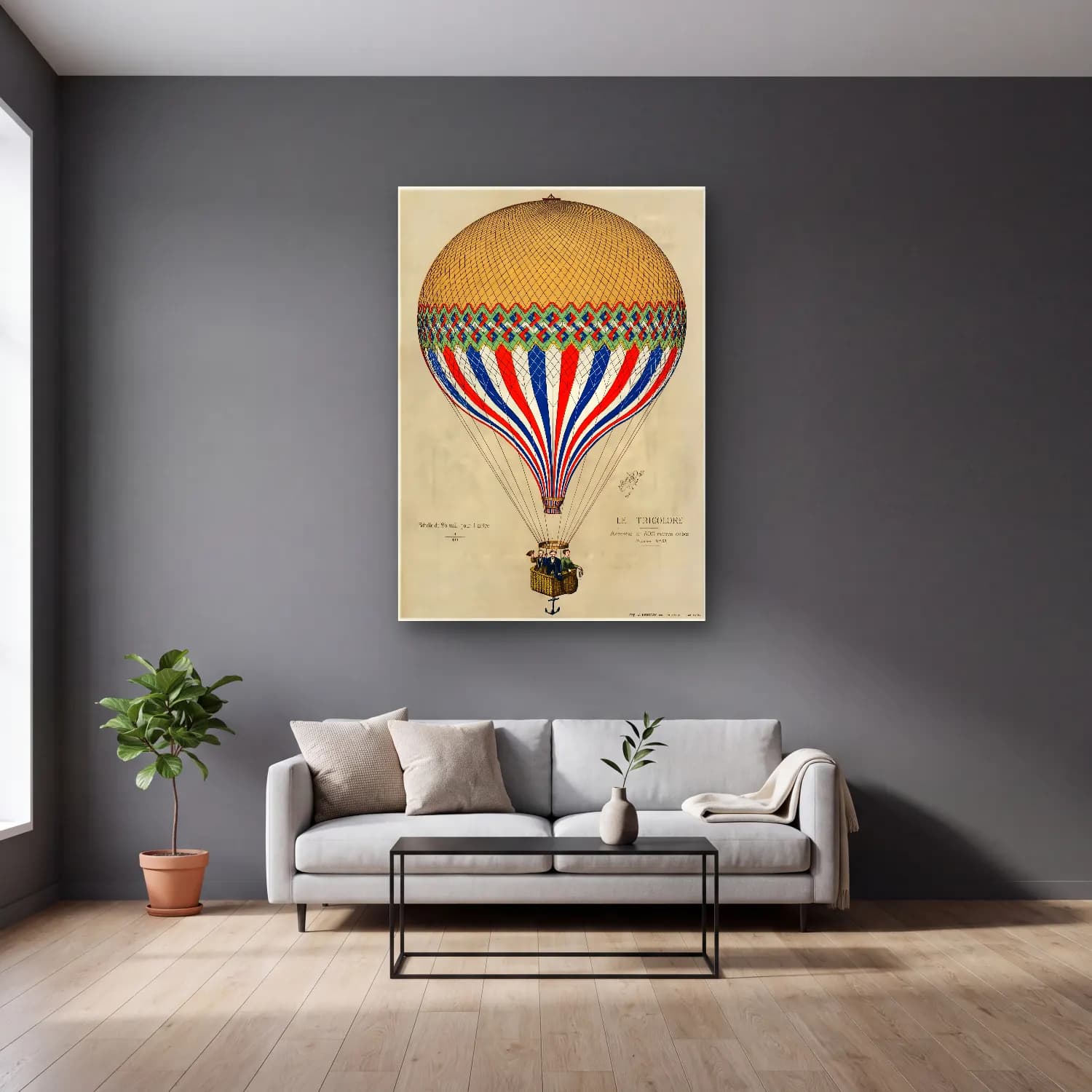 Vintage Poster Sıcak Hava Balonu – Bej Tonlar cam tablo — gri duvarlı salonda