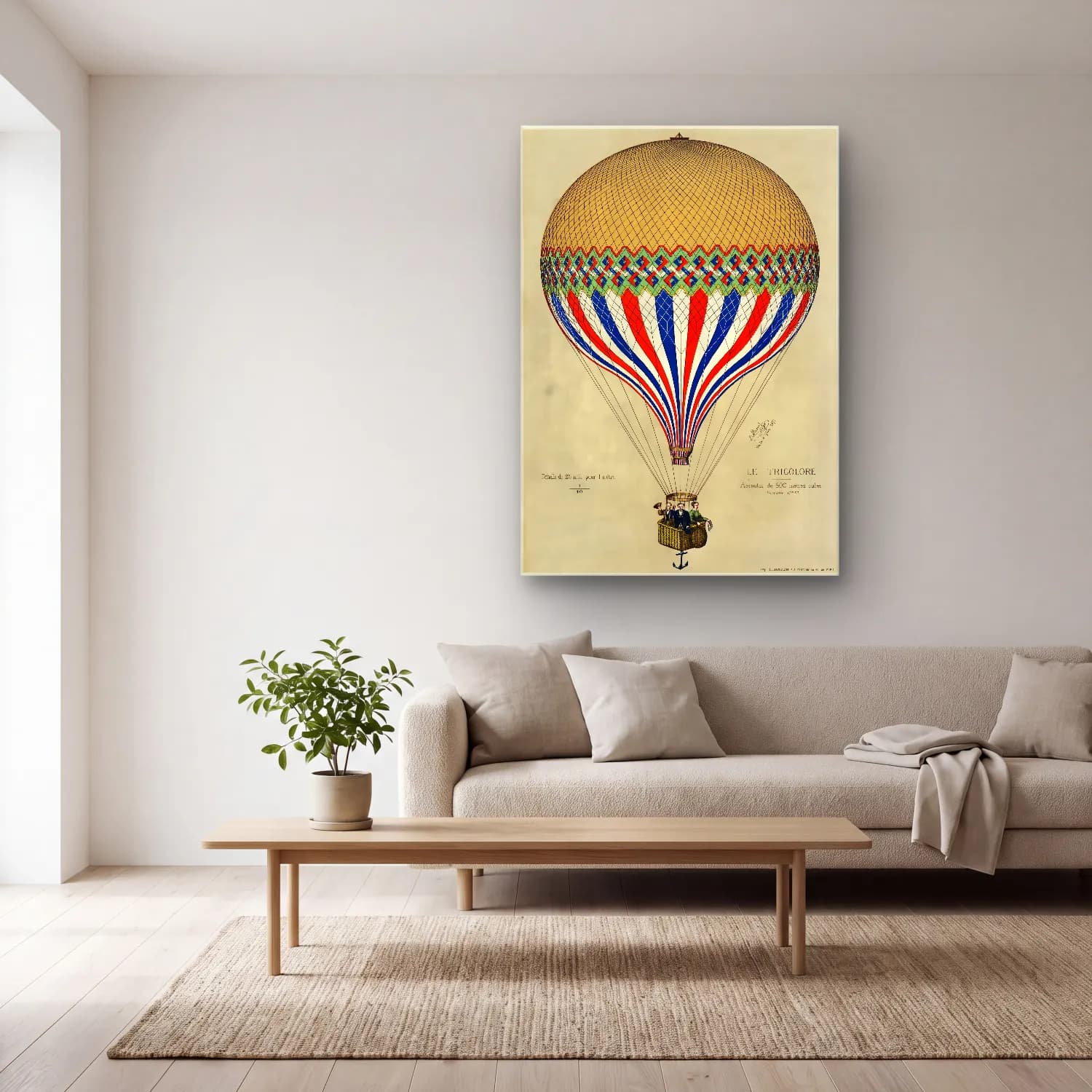 Vintage Poster Sıcak Hava Balonu – Bej Tonlar cam tablo — açık renk salonda