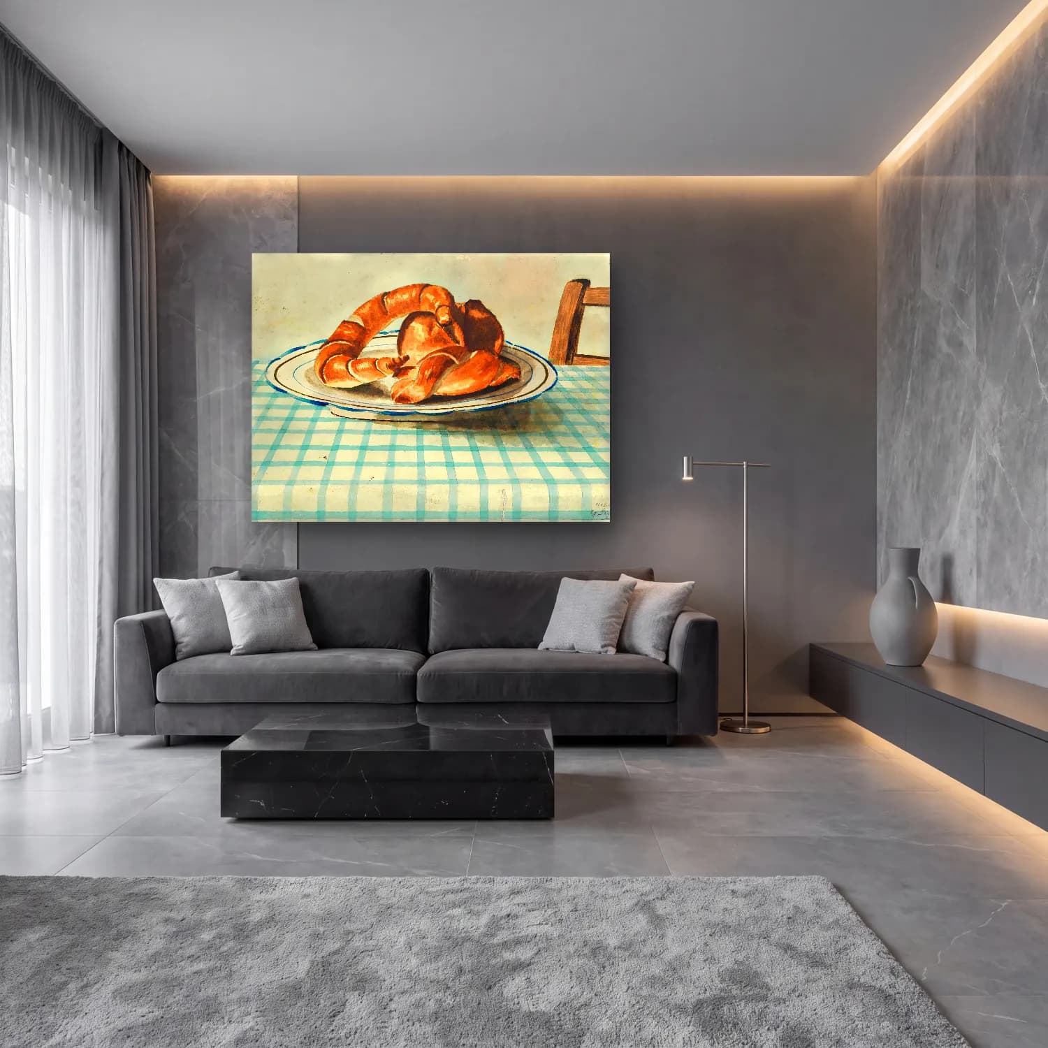 Suluboya Ekmek ve Pastalar – Mavi Tonlar cam tablo — lüks salon duvarında