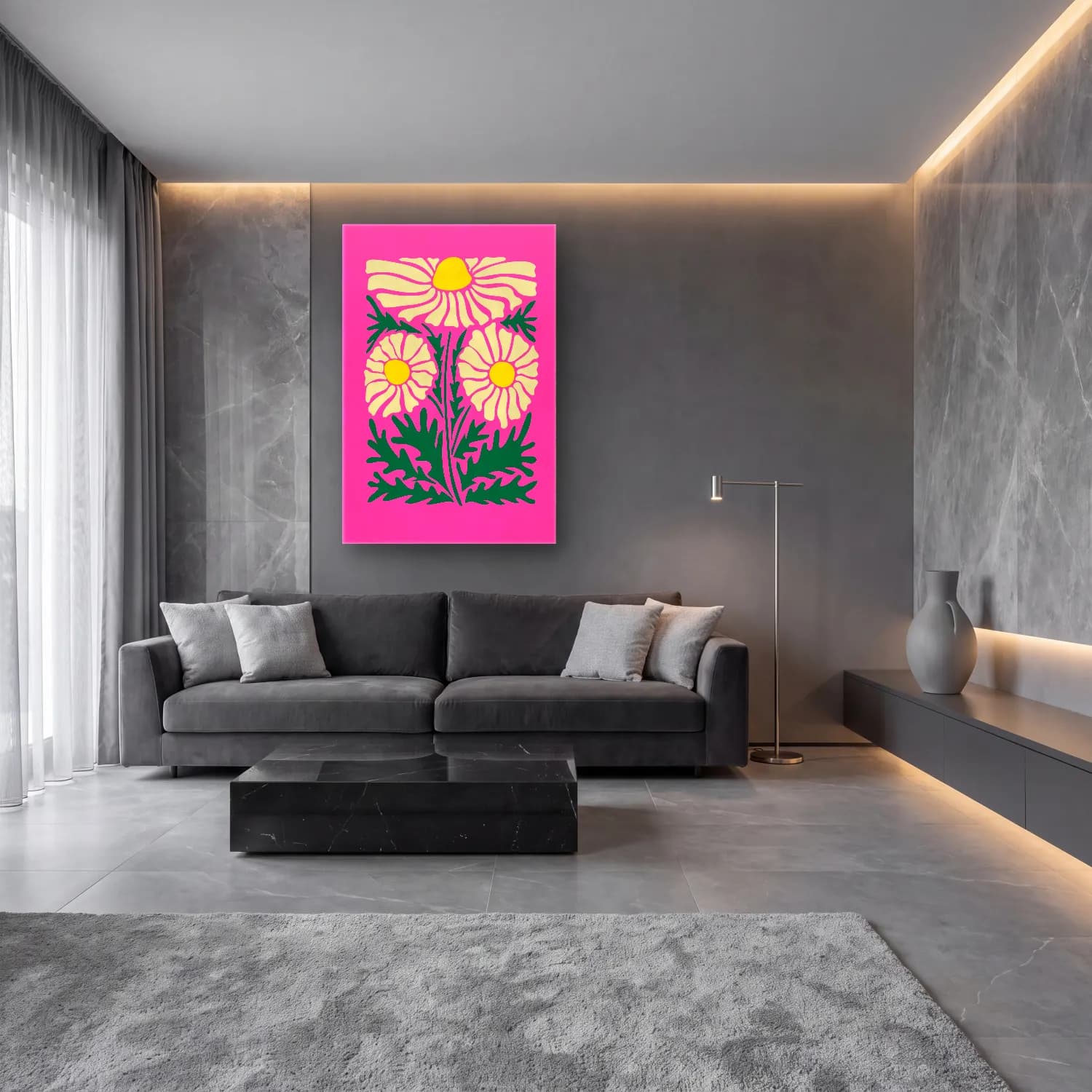 Pastel Papatyalar – Pembe Tonlar cam tablo — lüks salon duvarında
