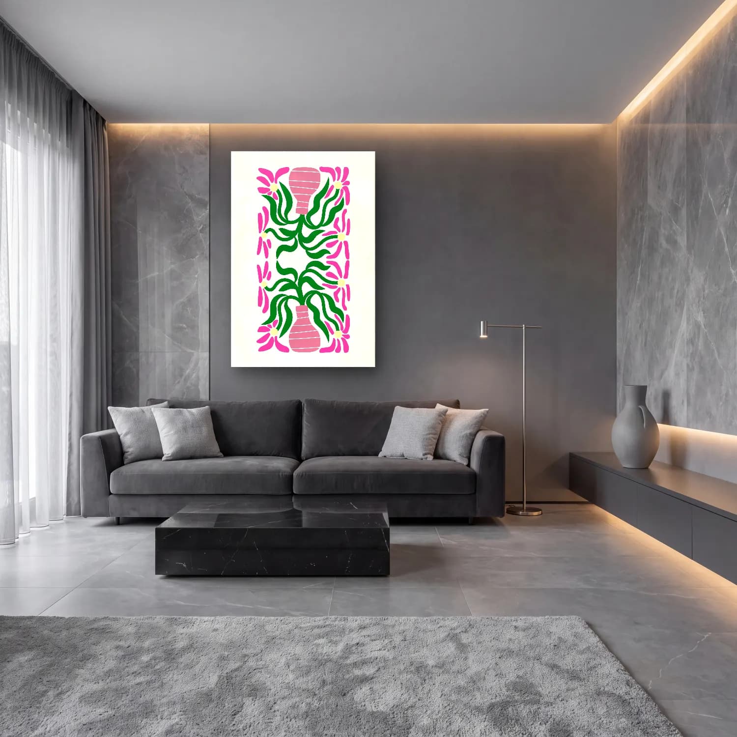 Boho Çiçek Deseni No. 32 cam tablo — lüks salon duvarında