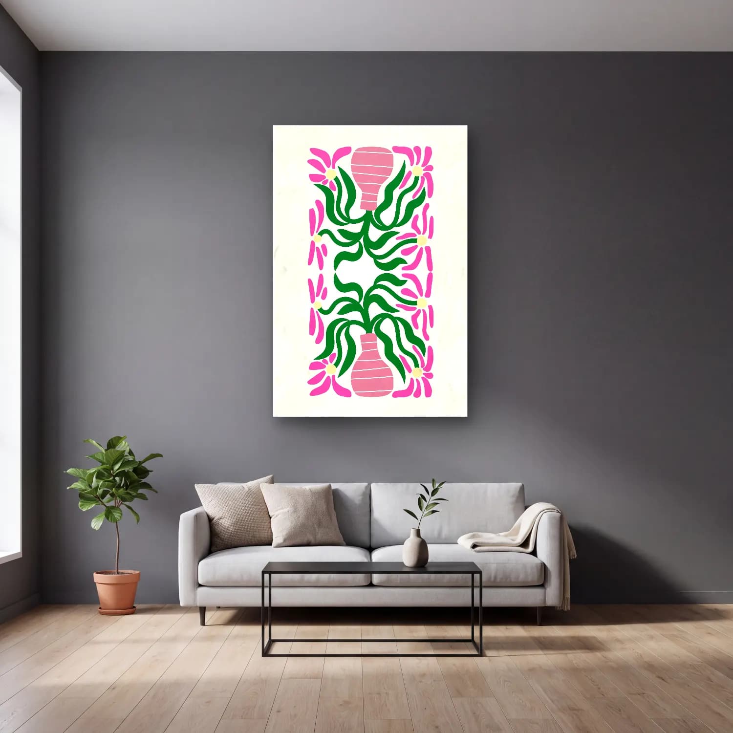 Boho Çiçek Deseni No. 32 cam tablo — gri duvarlı salonda