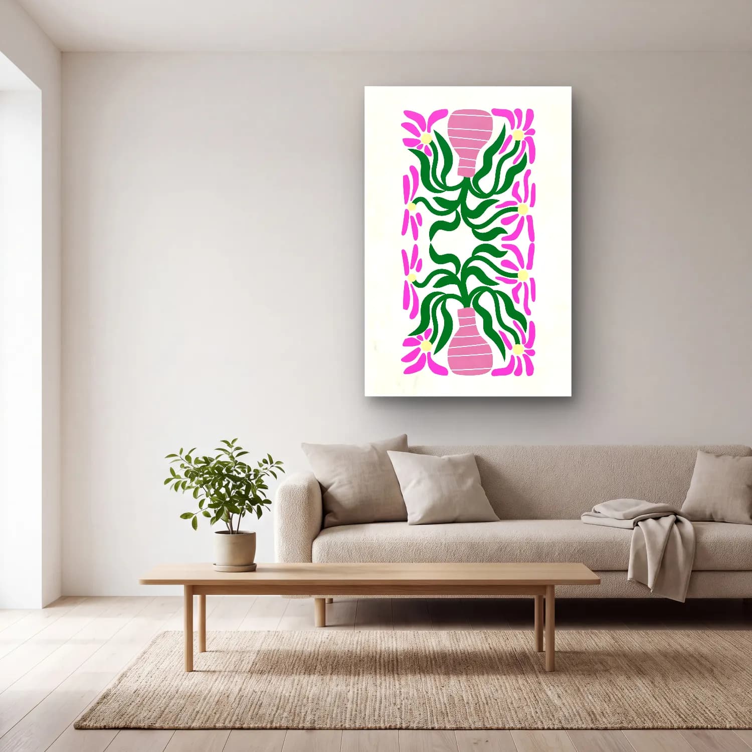 Boho Çiçek Deseni No. 32 cam tablo — açık renk salonda