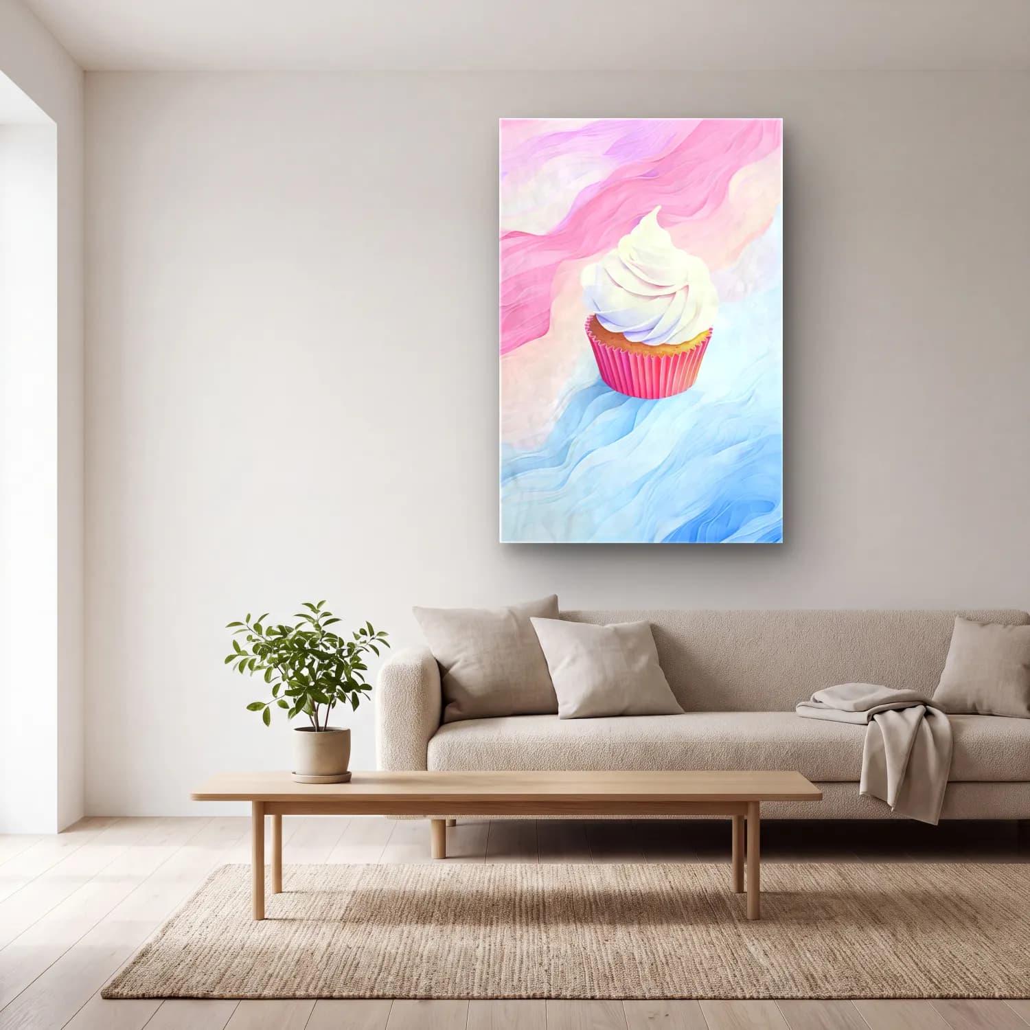 Pastel Dondurma cam tablo — açık renk salonda