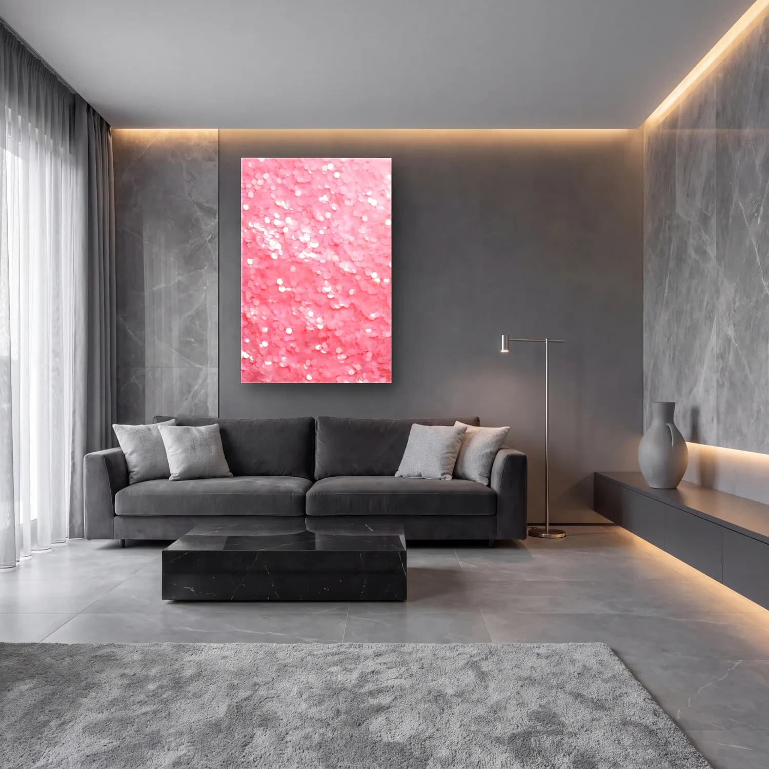 Pastel Pembe Şakayıklar cam tablo — lüks salon duvarında