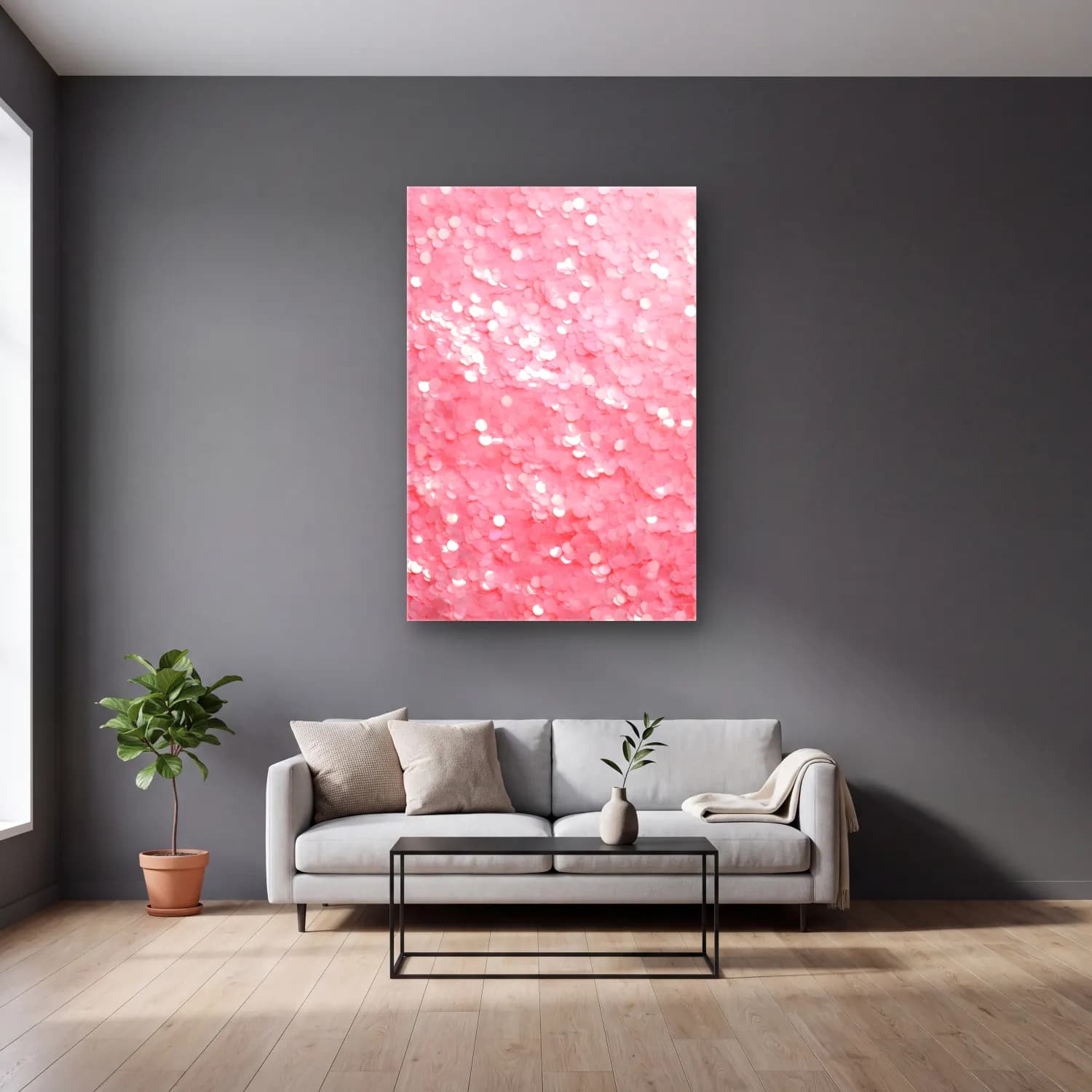 Pastel Pembe Şakayıklar cam tablo — gri duvarlı salonda