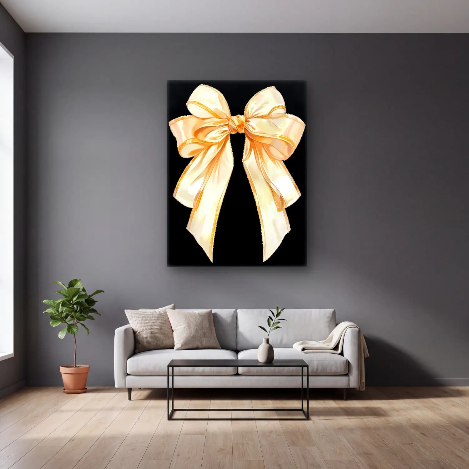 Pastel Fiyonk No. 4 cam tablo — gri duvarlı salonda