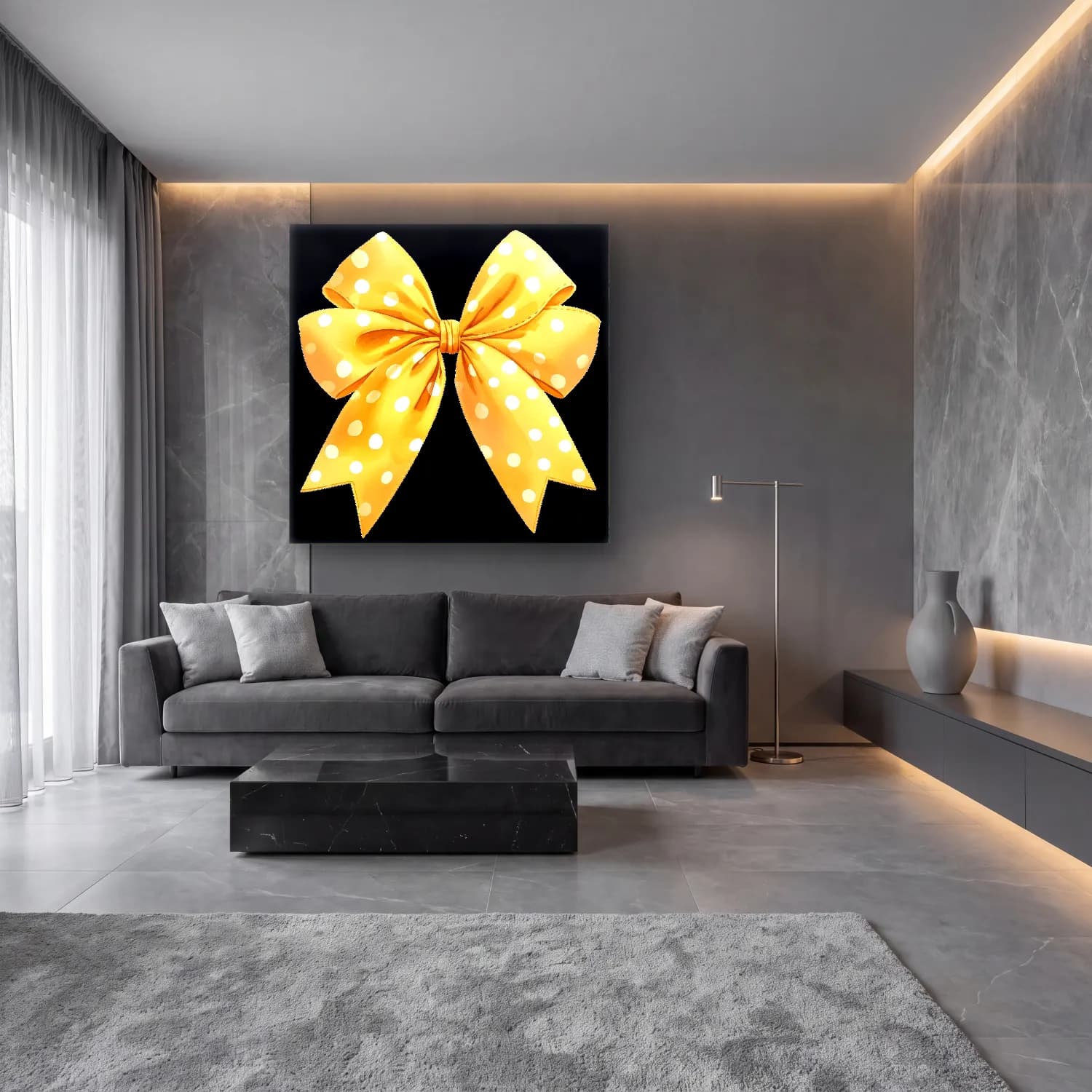 Vintage Fiyonk No. 5 cam tablo — lüks salon duvarında