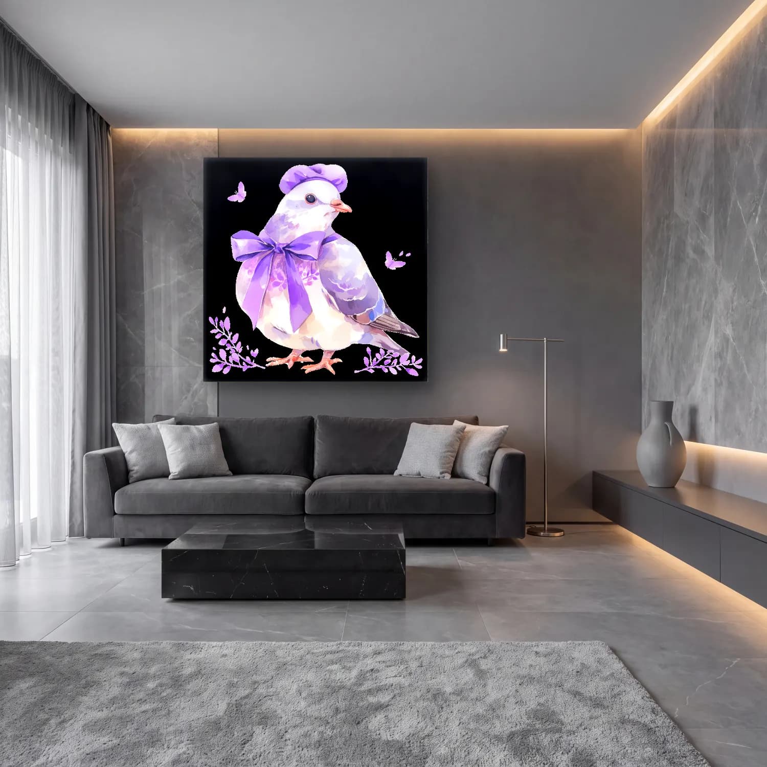 Sevimli İllüstrasyon Daldaki Kuş cam tablo — lüks salon duvarında