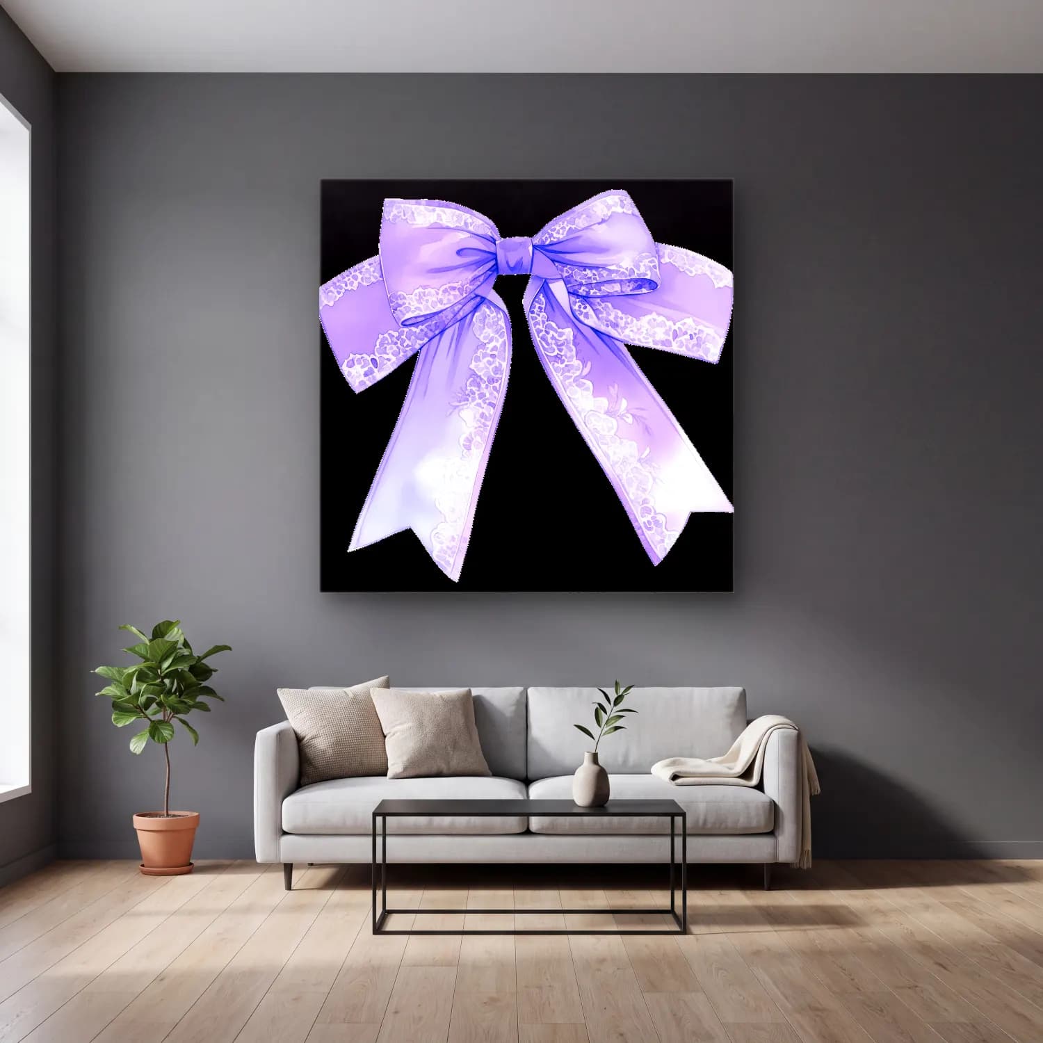 Pastel Fiyonk No. 13 cam tablo — gri duvarlı salonda