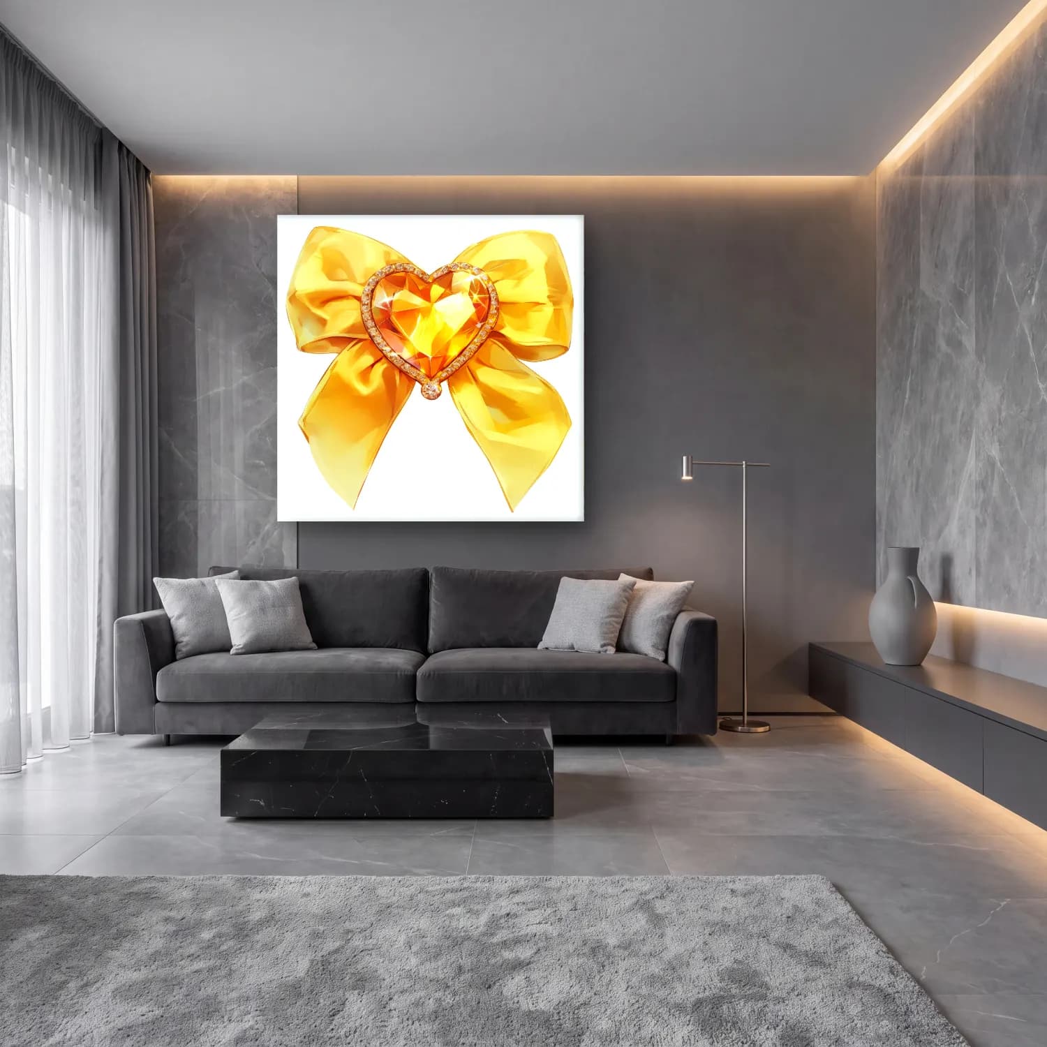 Pastel Fiyonk No. 18 cam tablo — lüks salon duvarında