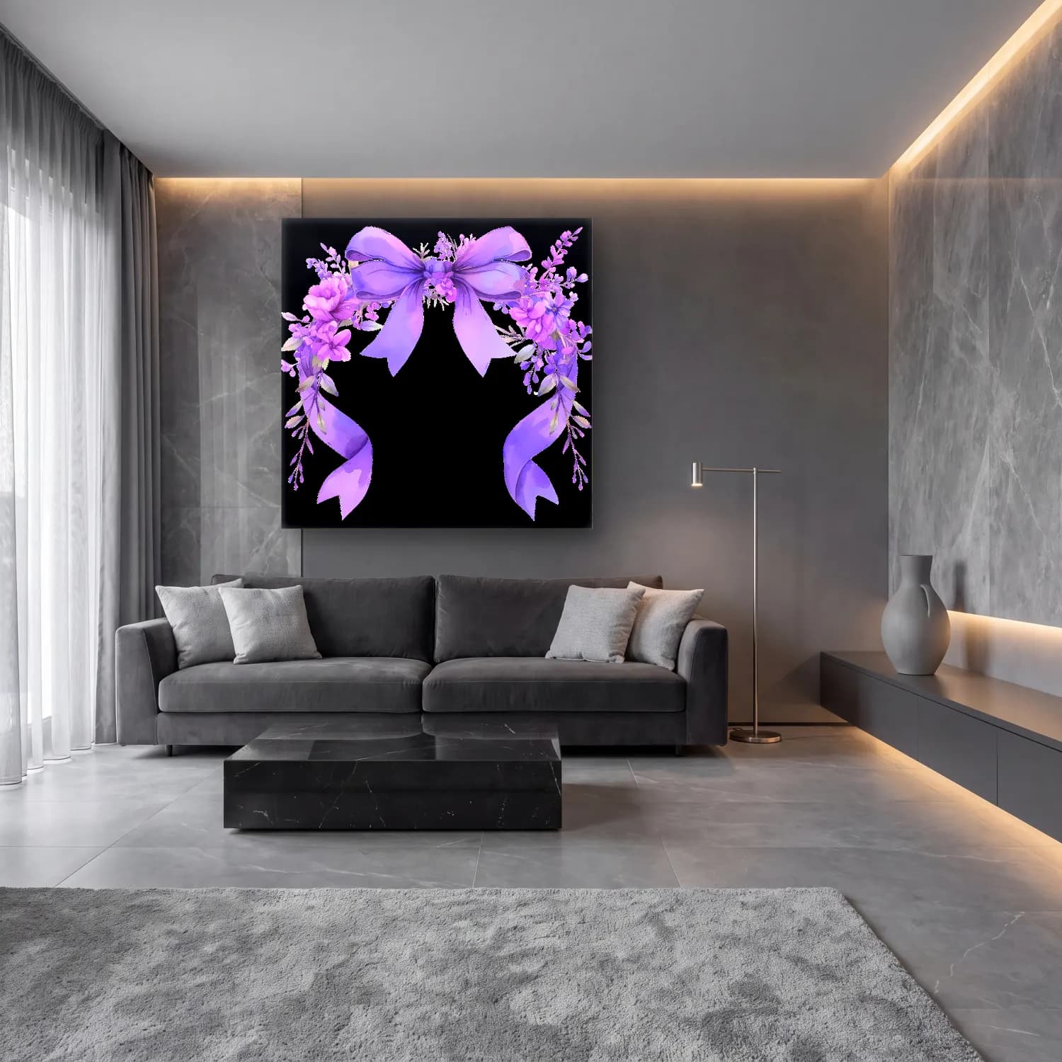 Pastel Fiyonk No. 19 cam tablo — lüks salon duvarında