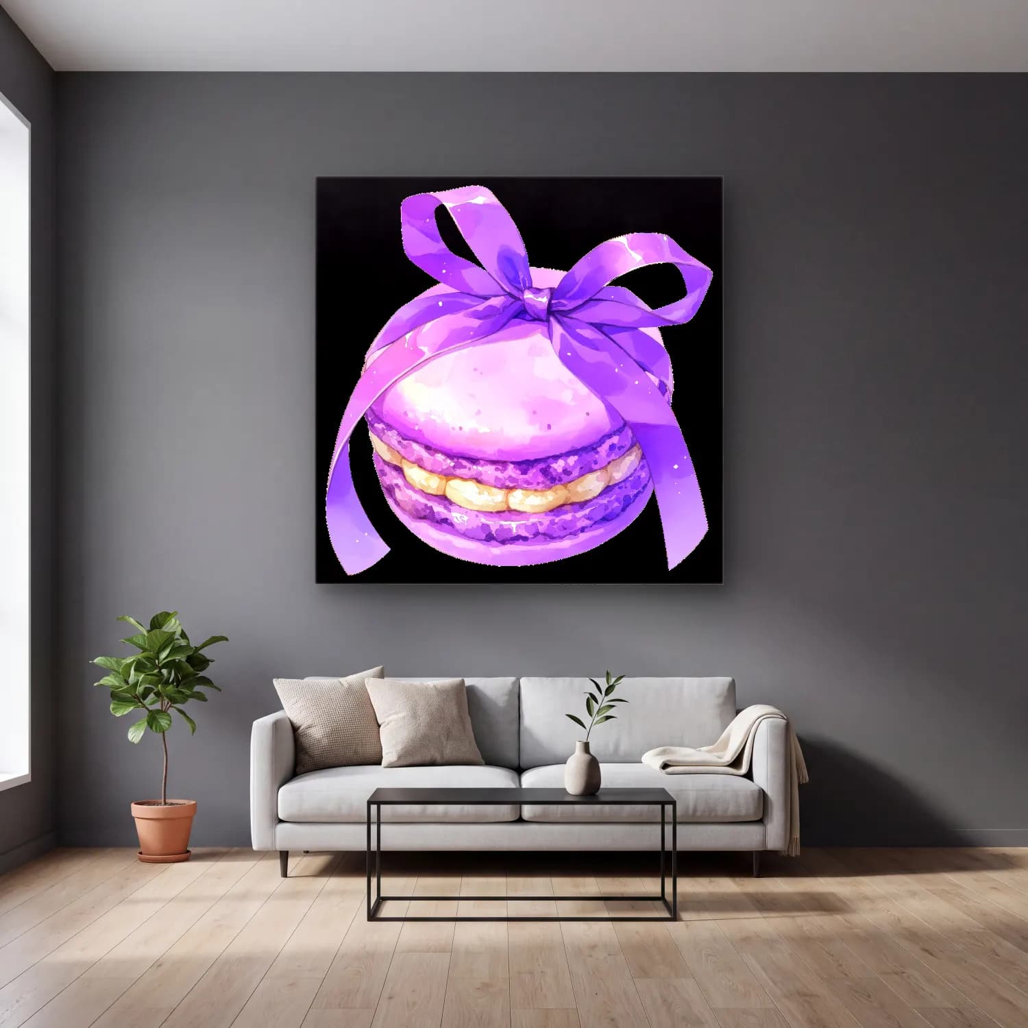 Pastel Fiyonk No. 20 cam tablo — gri duvarlı salonda