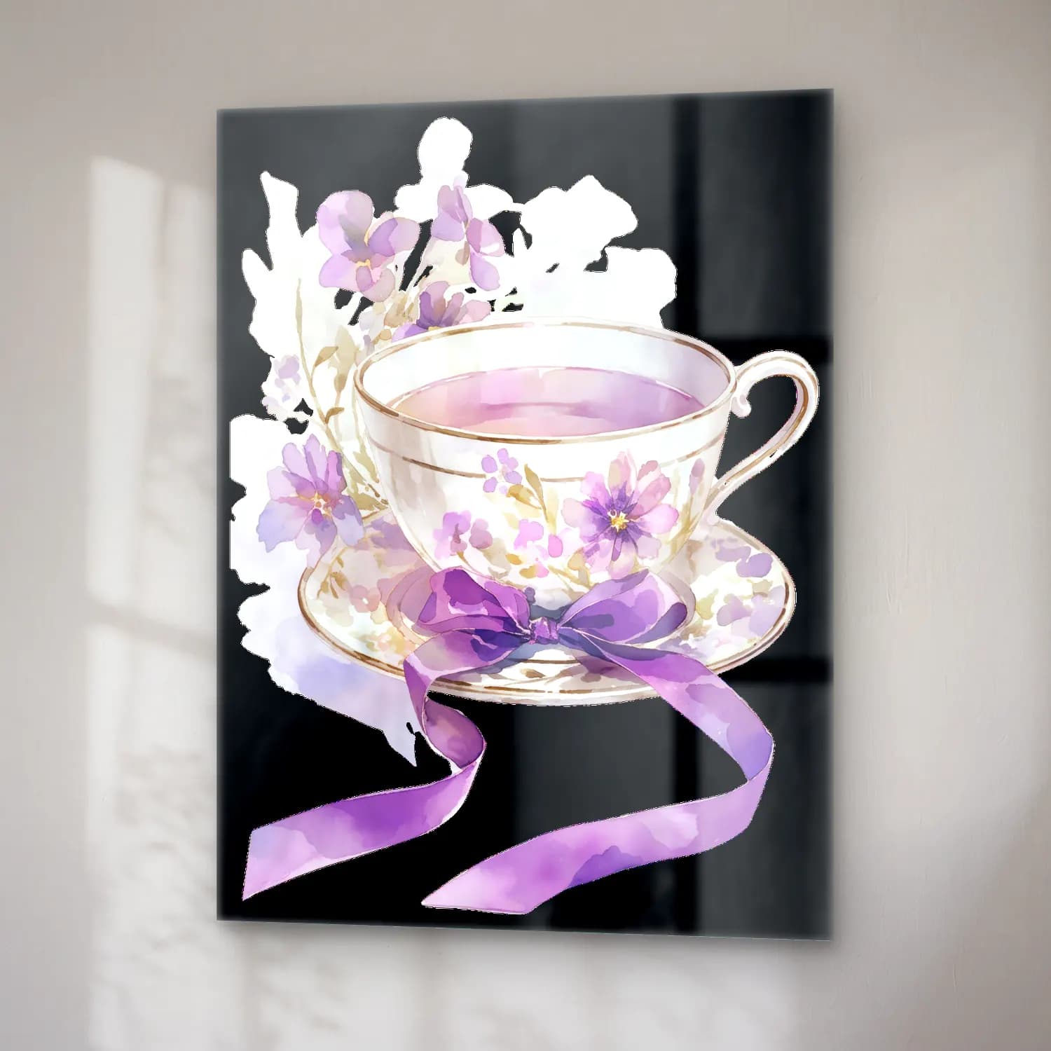Vintage Çay Fincanı – Mor Tonlar cam tablo — sağ açıdan görünüm