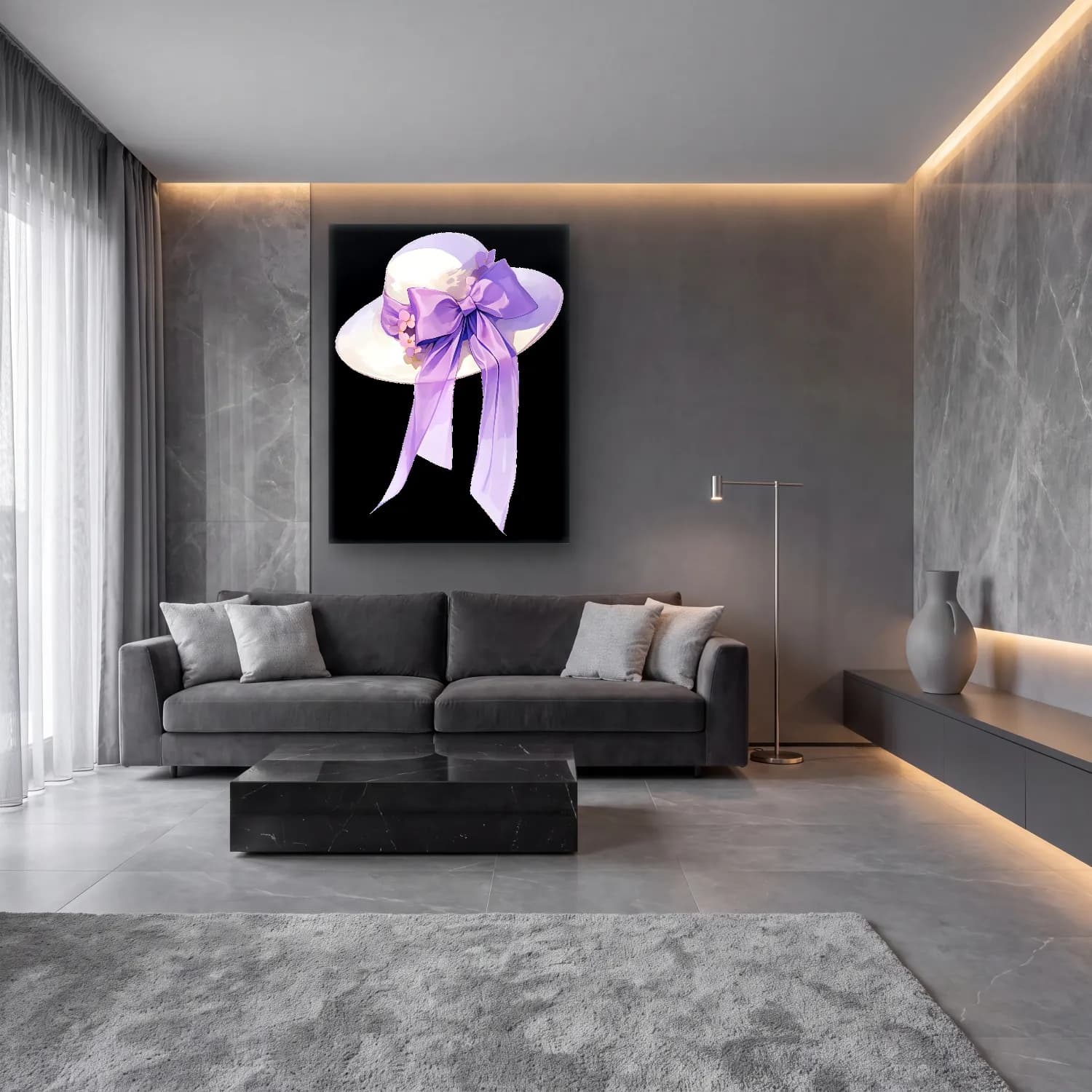 Pastel Fiyonk No. 30 cam tablo — lüks salon duvarında