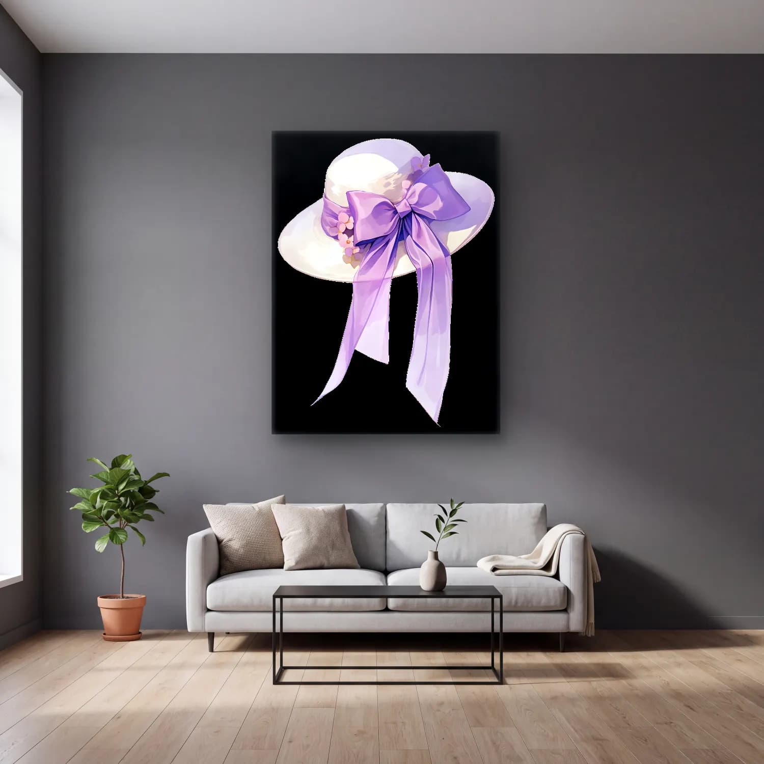 Pastel Fiyonk No. 30 cam tablo — gri duvarlı salonda