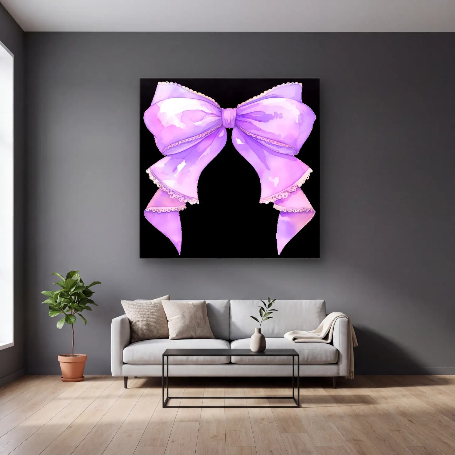 Pastel Fiyonk No. 25 cam tablo — gri duvarlı salonda