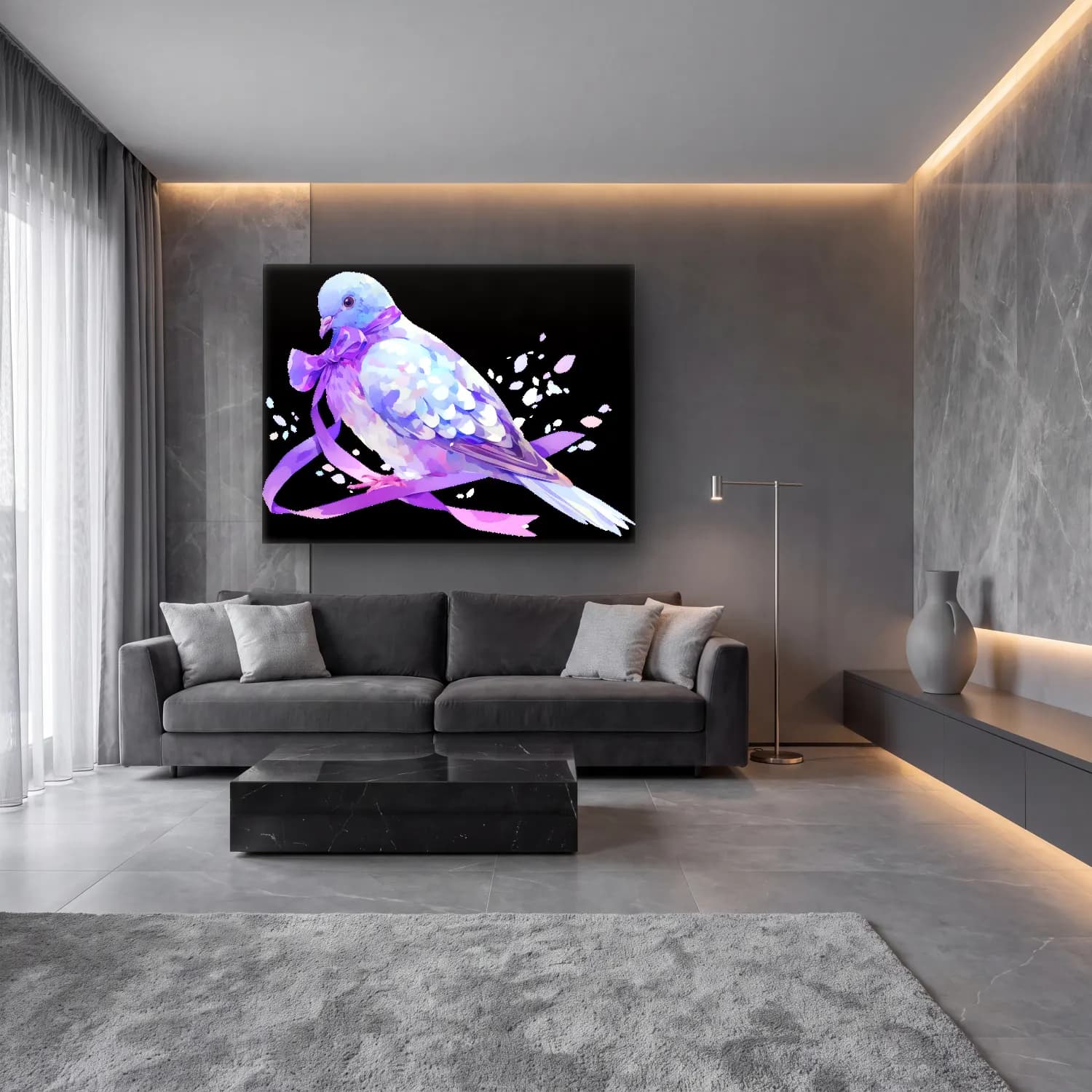 Pastel Daldaki Kuş cam tablo — lüks salon duvarında