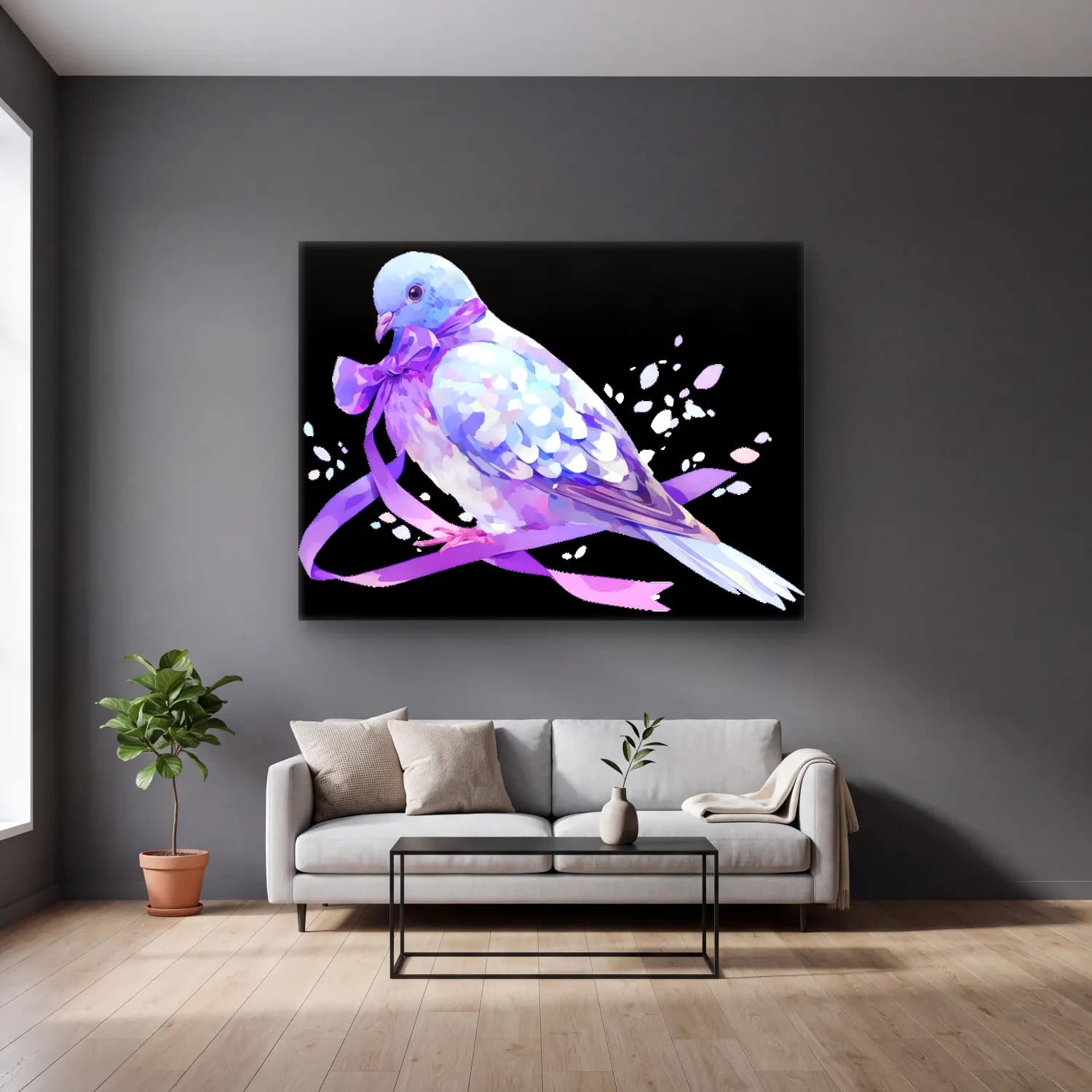 Pastel Daldaki Kuş cam tablo — gri duvarlı salonda