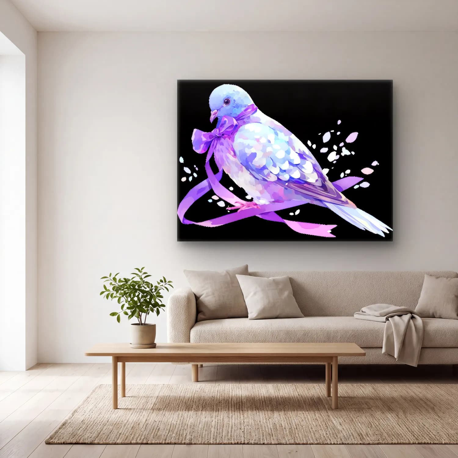Pastel Daldaki Kuş cam tablo — açık renk salonda