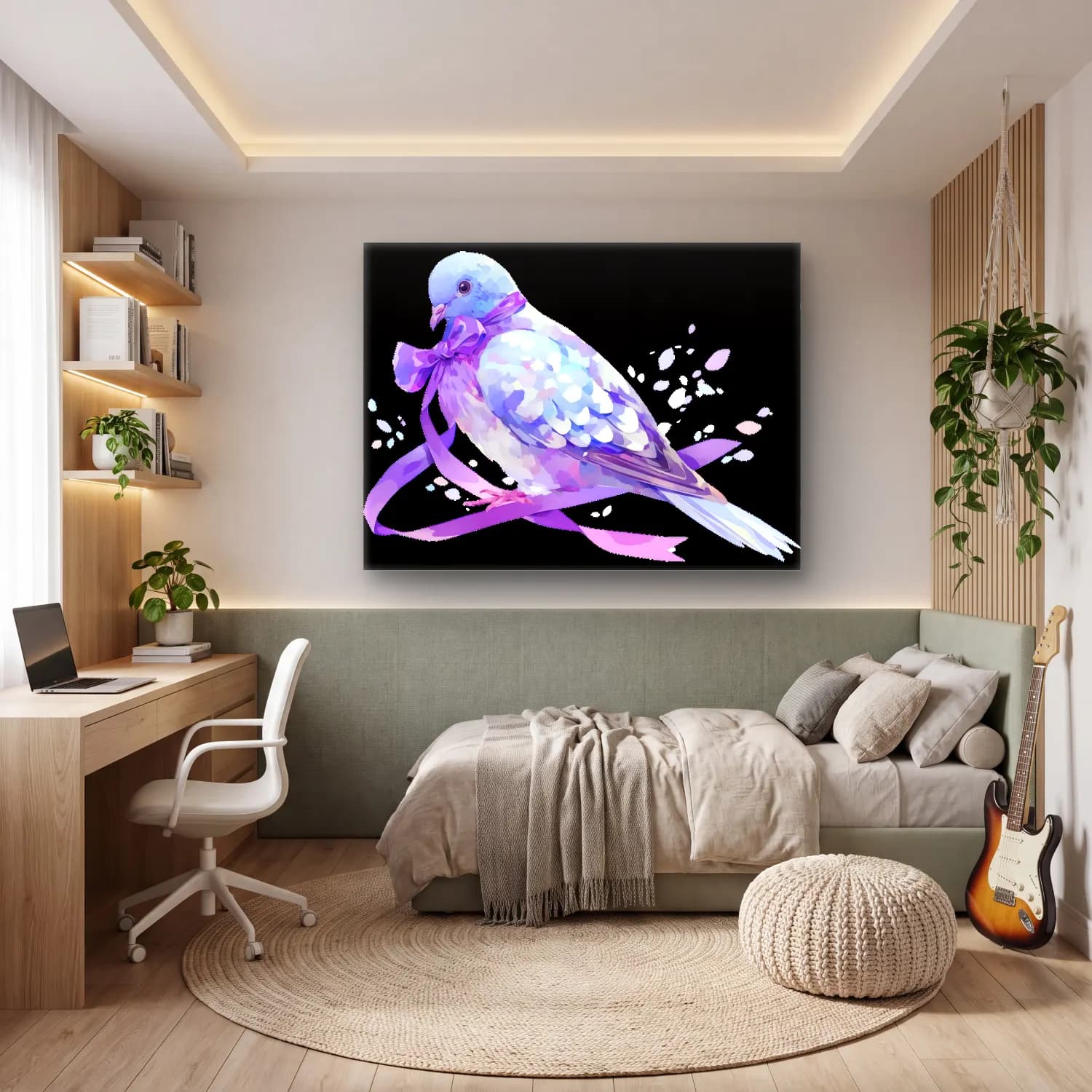 Pastel Daldaki Kuş cam tablo — genç odasında