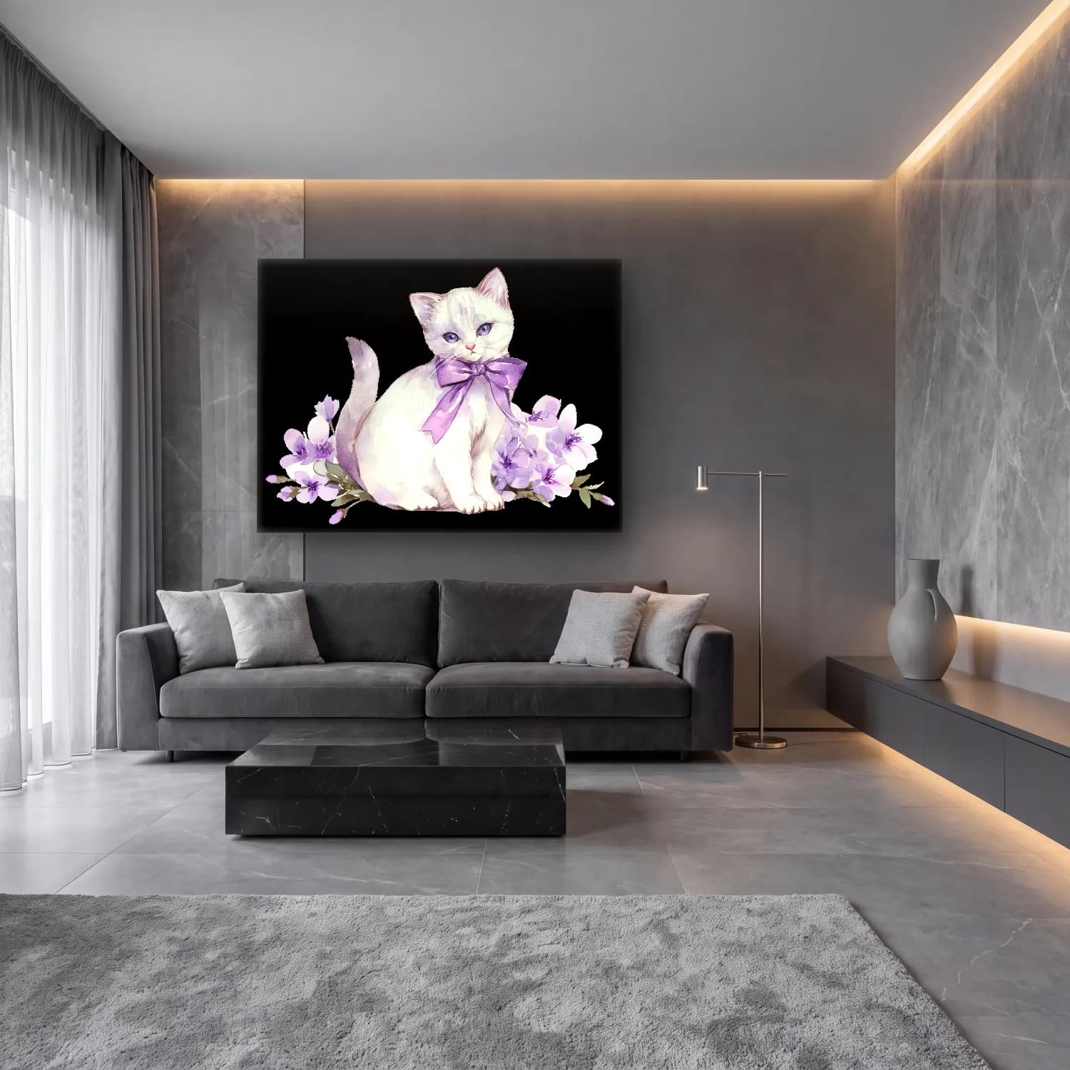 Sevimli İllüstrasyon Kedi – Mor Tonlar cam tablo — lüks salon duvarında