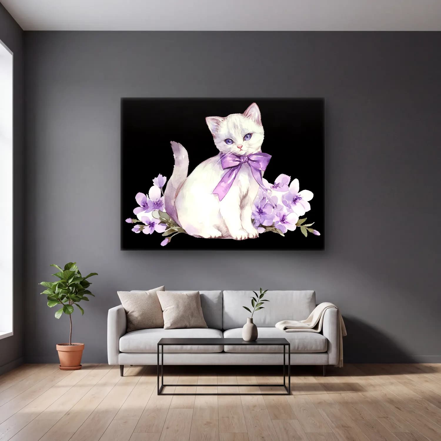 Sevimli İllüstrasyon Kedi – Mor Tonlar cam tablo — gri duvarlı salonda