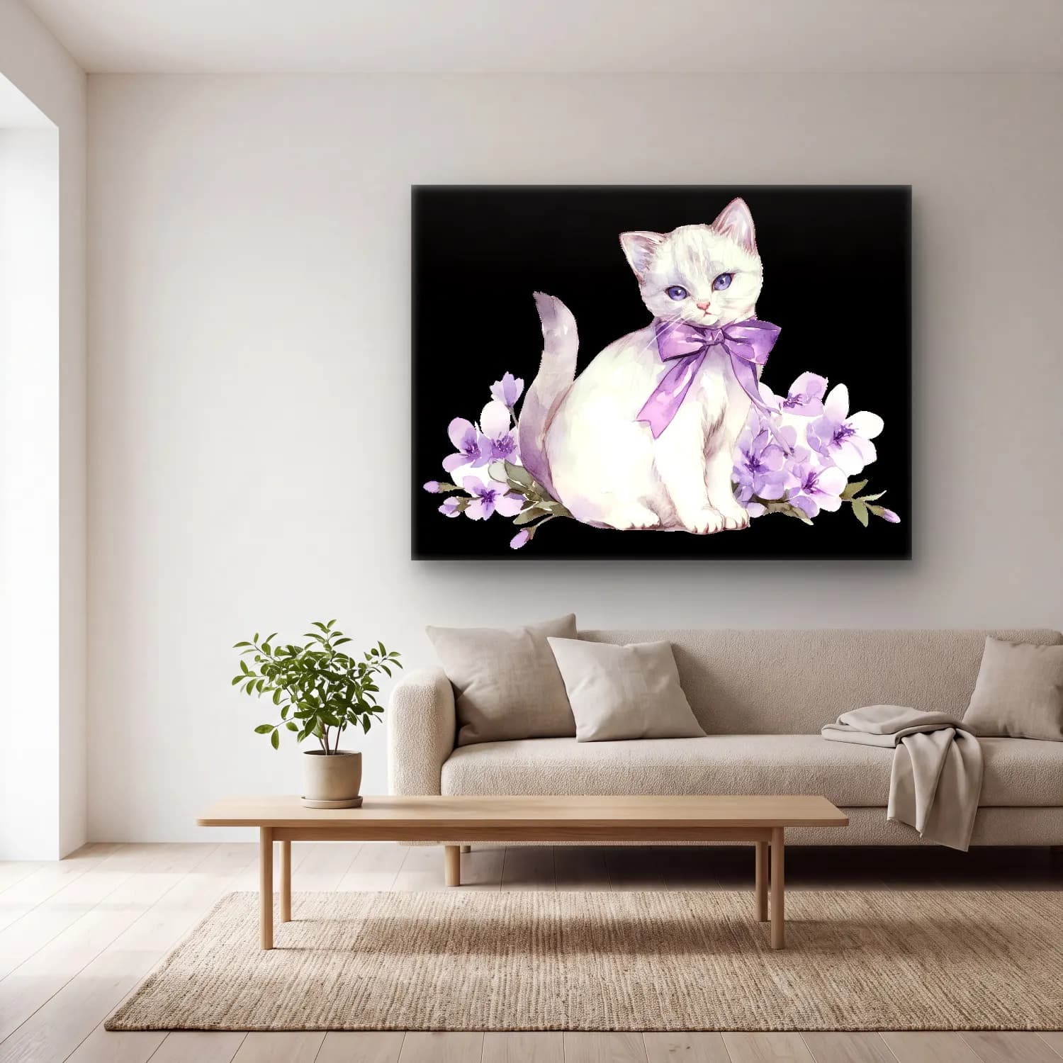 Sevimli İllüstrasyon Kedi – Mor Tonlar cam tablo — açık renk salonda