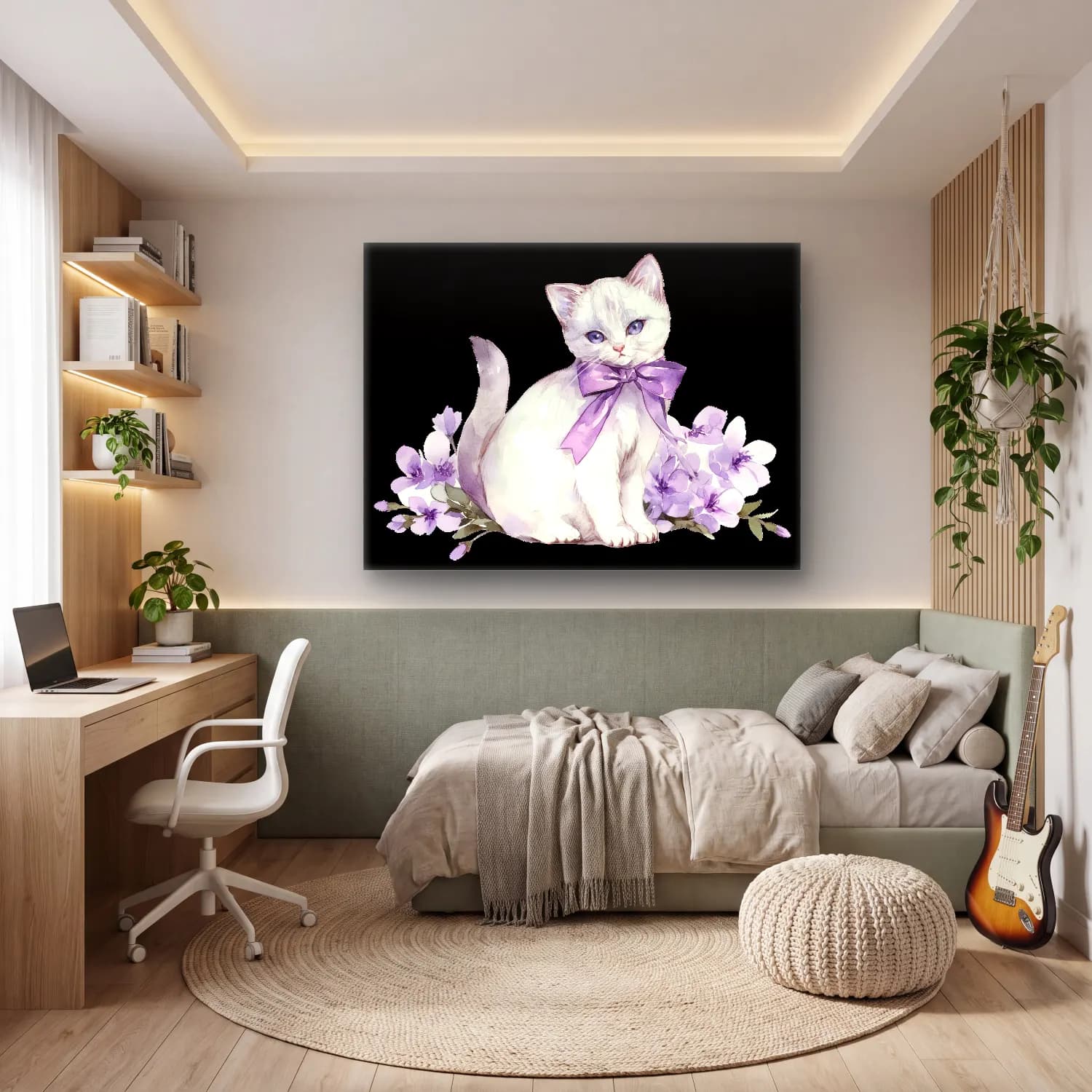 Sevimli İllüstrasyon Kedi – Mor Tonlar cam tablo — genç odasında