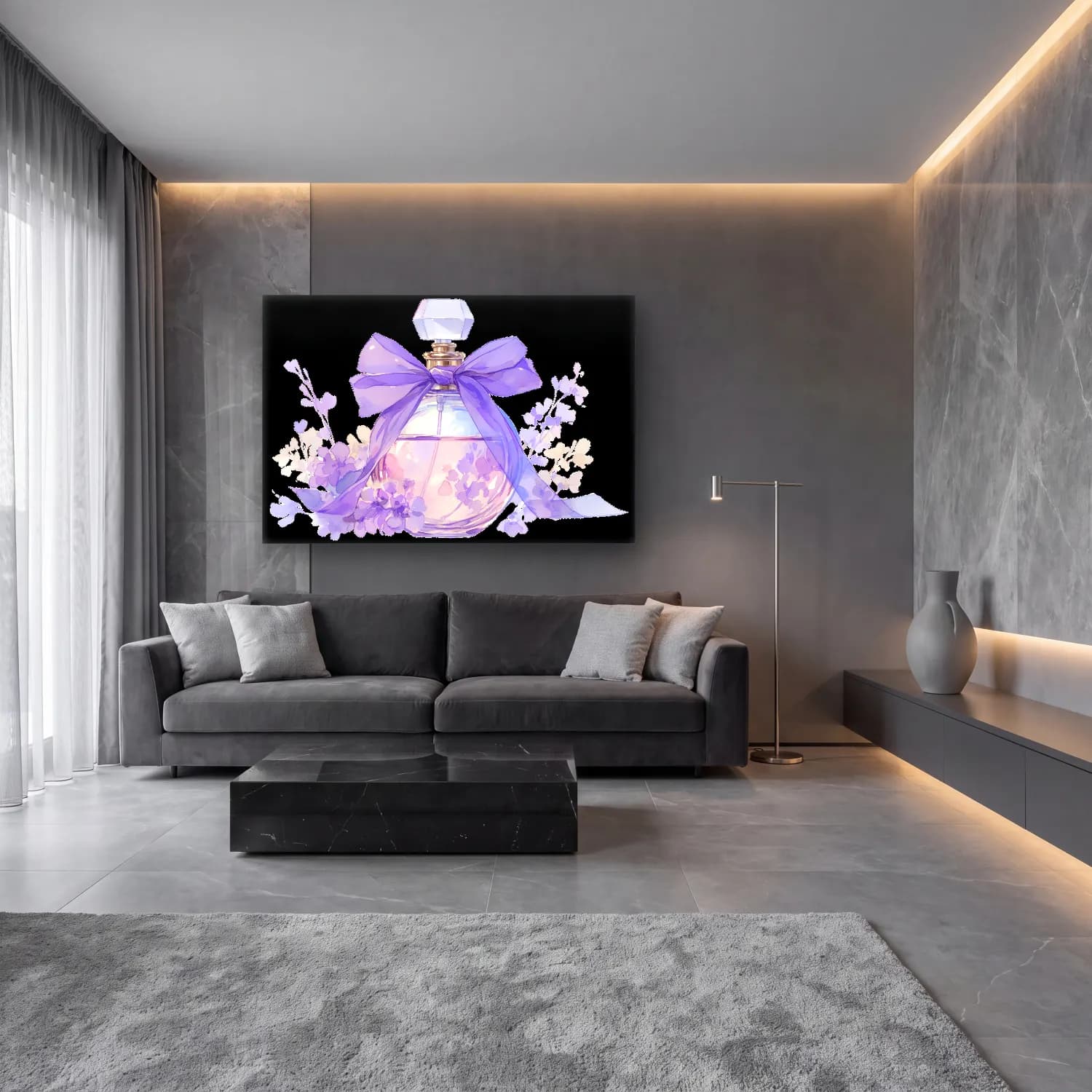 Pastel Parfüm Şişesi – Mor Tonlar cam tablo — lüks salon duvarında