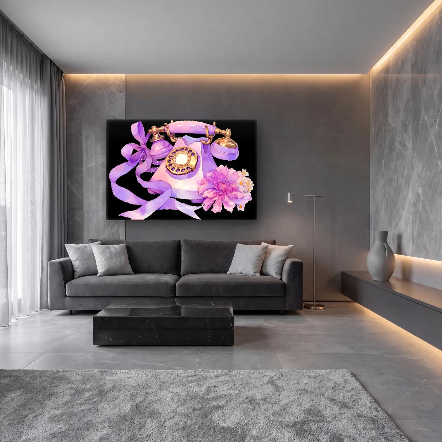 Pastel Fiyonk No. 32 cam tablo — lüks salon duvarında