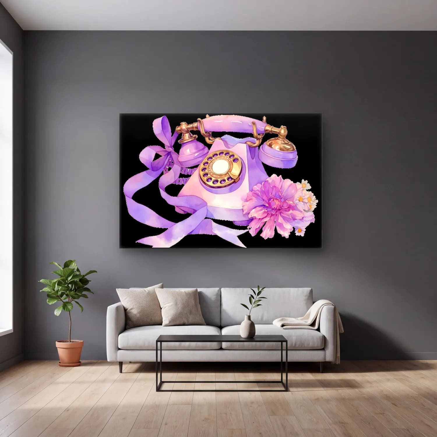 Pastel Fiyonk No. 32 cam tablo — gri duvarlı salonda