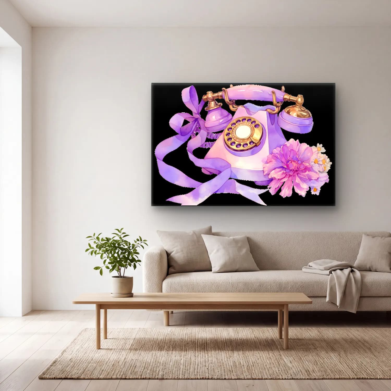 Pastel Fiyonk No. 32 cam tablo — açık renk salonda