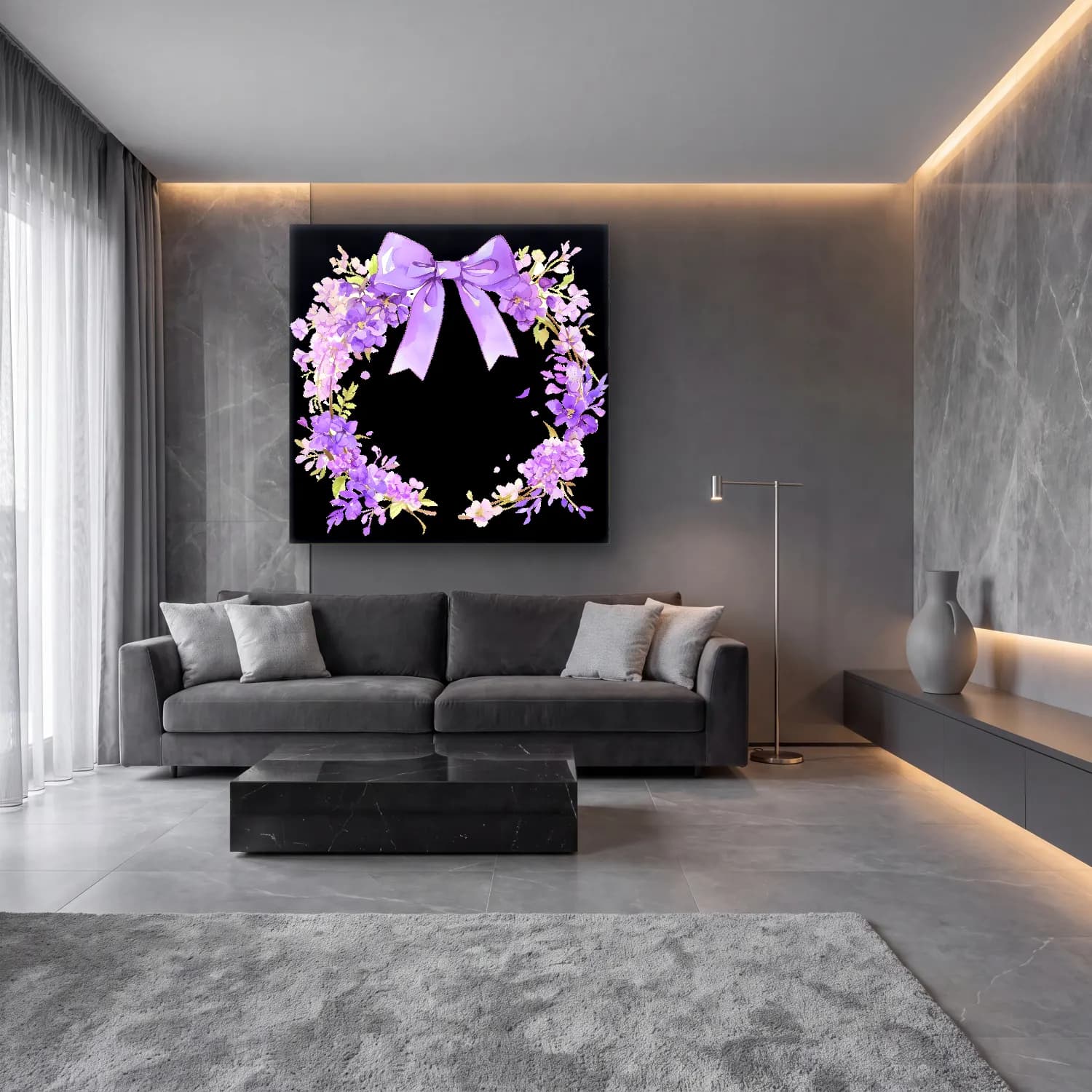 Pastel Çelenk No. 4 cam tablo — lüks salon duvarında