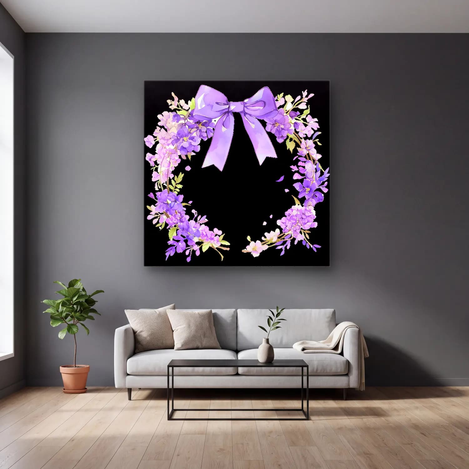 Pastel Çelenk No. 4 cam tablo — gri duvarlı salonda