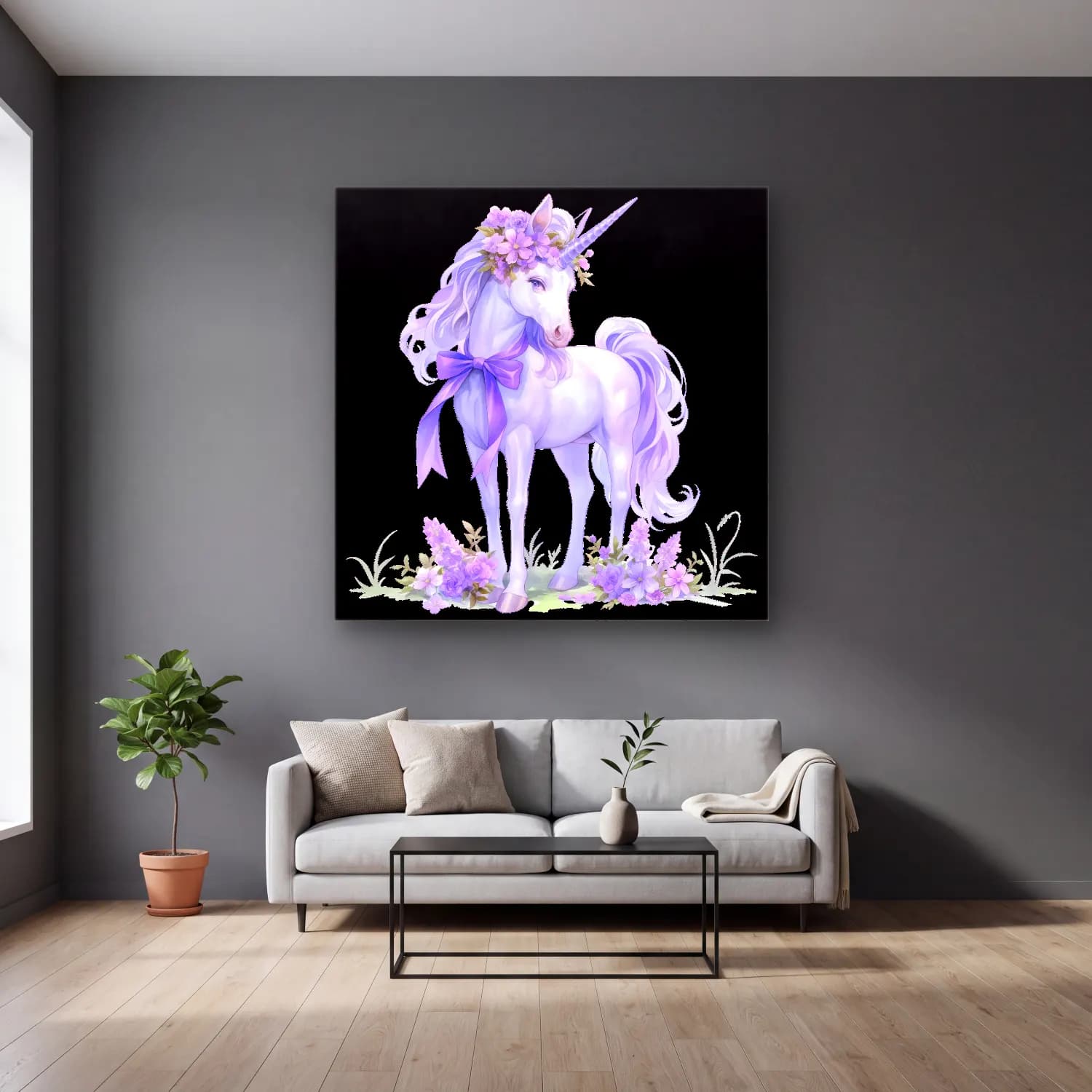 Pastel At – Mor Tonlar cam tablo — gri duvarlı salonda
