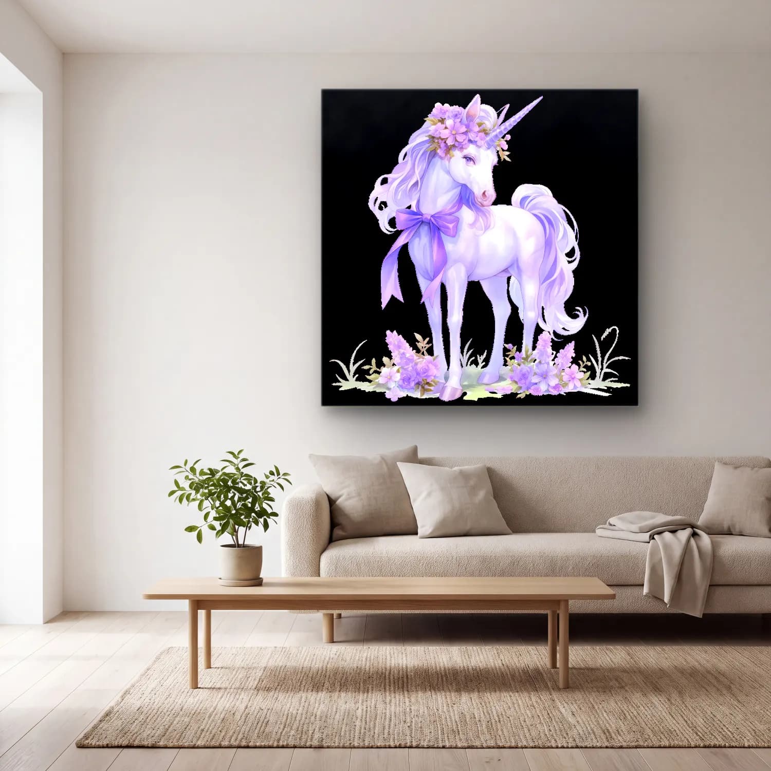Pastel At – Mor Tonlar cam tablo — açık renk salonda