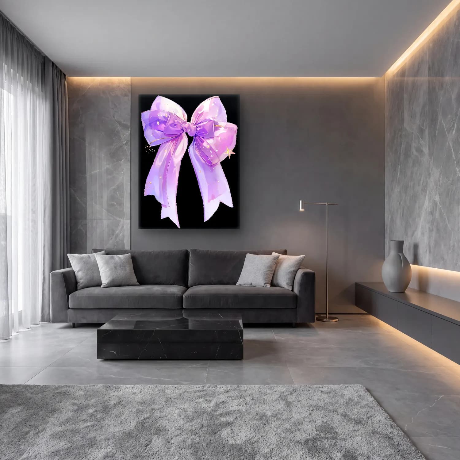 Pastel Fiyonk No. 33 cam tablo — lüks salon duvarında