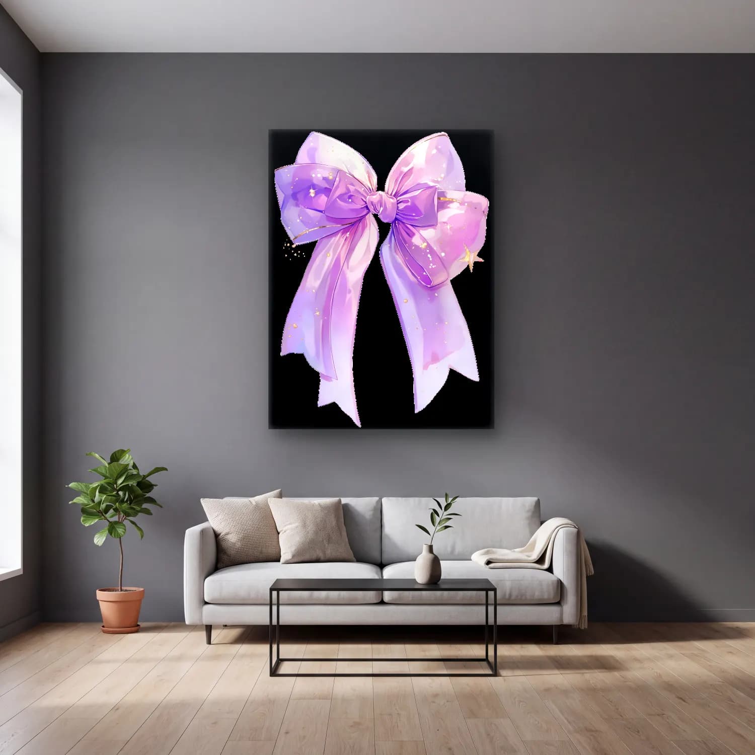Pastel Fiyonk No. 33 cam tablo — gri duvarlı salonda