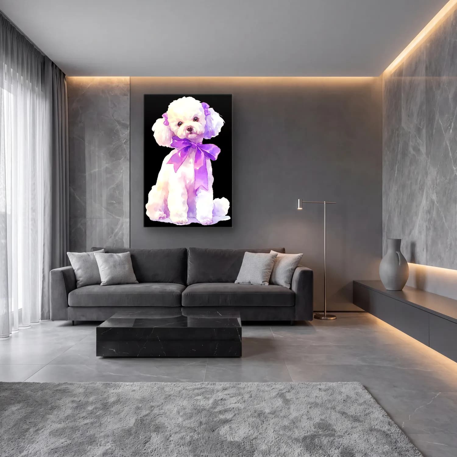Sevimli İllüstrasyon Köpek – Mor Tonlar cam tablo — lüks salon duvarında