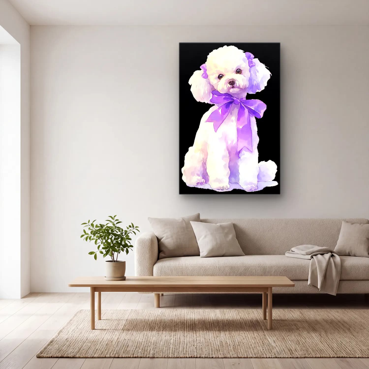 Sevimli İllüstrasyon Köpek – Mor Tonlar cam tablo — açık renk salonda