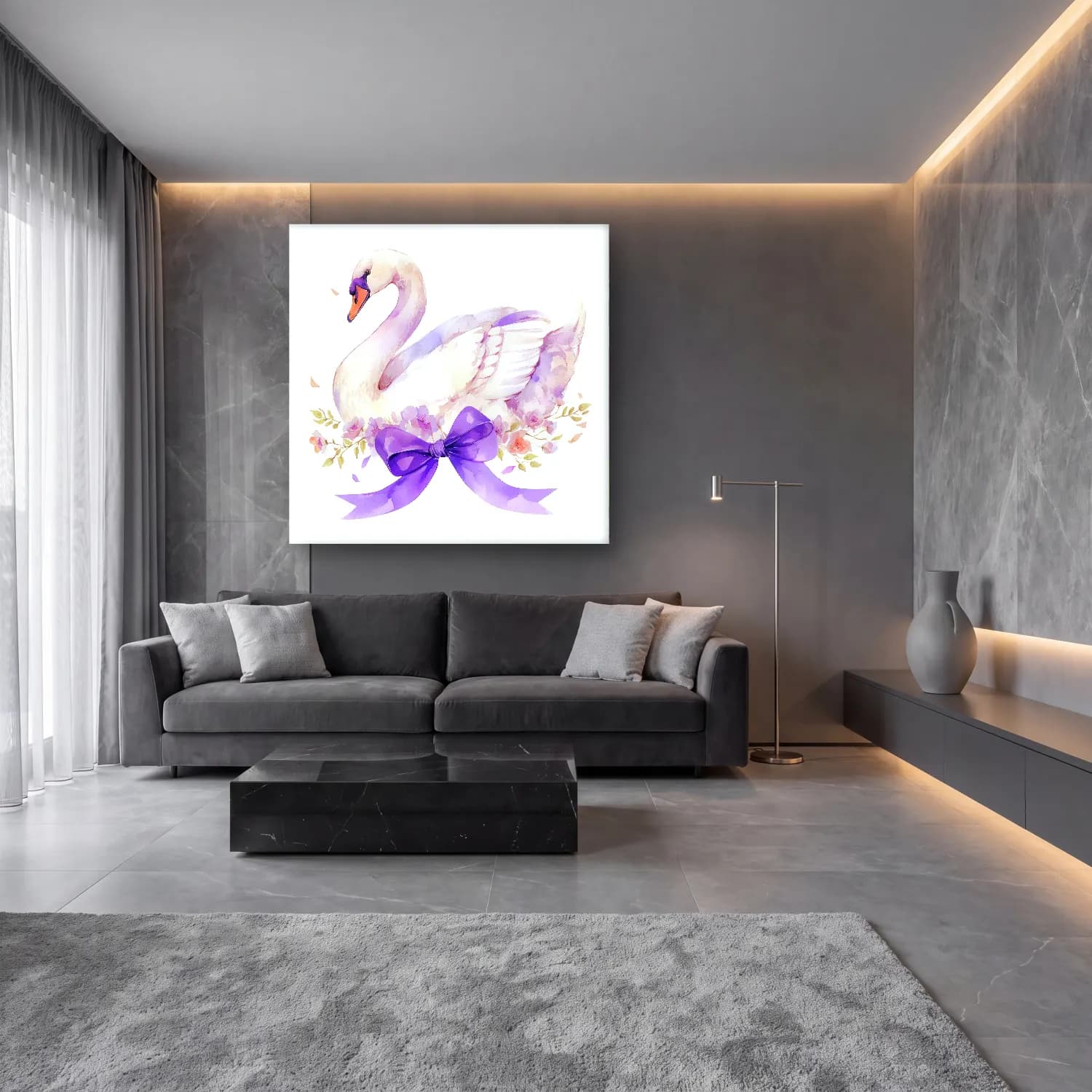 Suluboya Kuğu – Mor Tonlar cam tablo — lüks salon duvarında