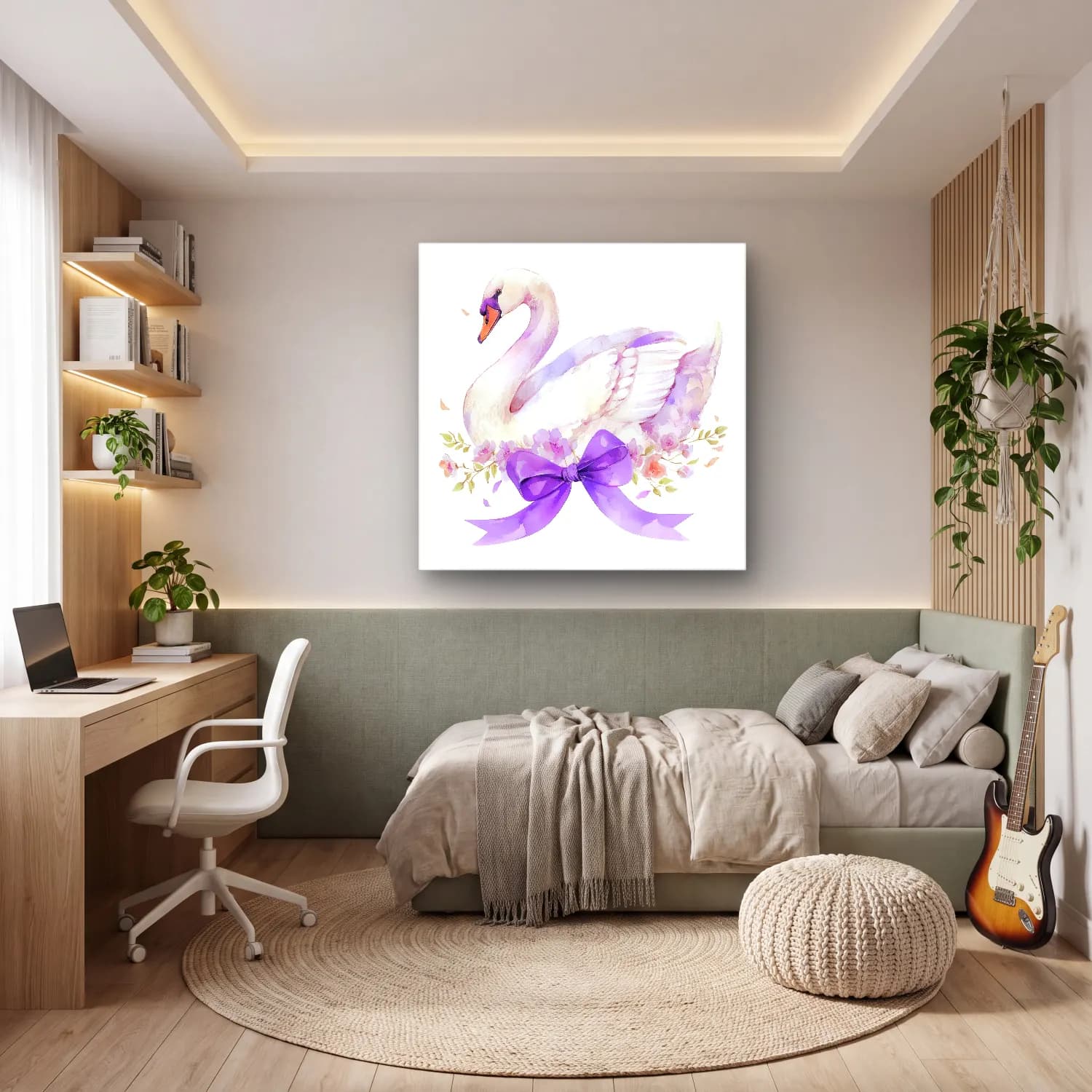 Suluboya Kuğu – Mor Tonlar cam tablo — genç odasında