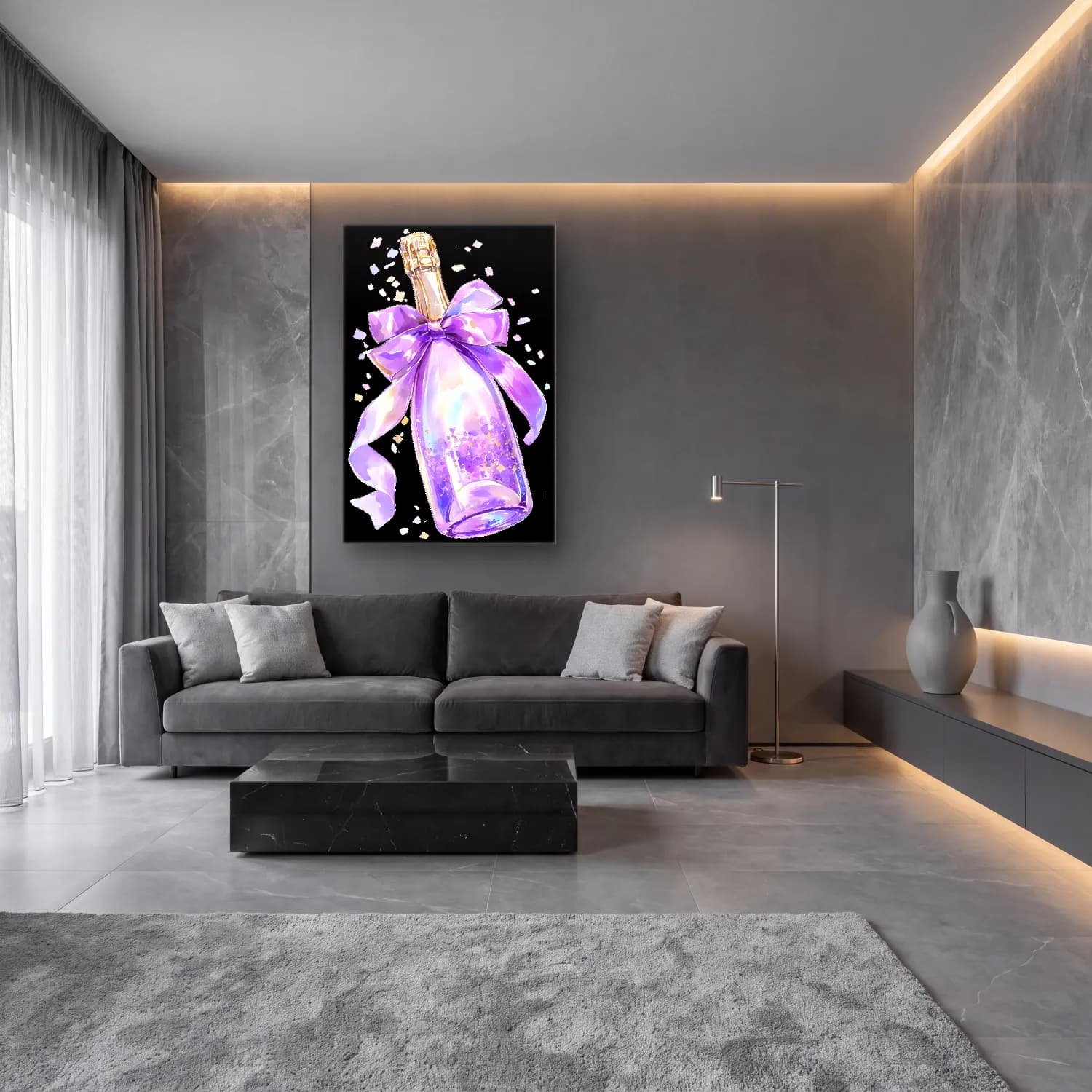 Pastel Şampanya cam tablo — lüks salon duvarında
