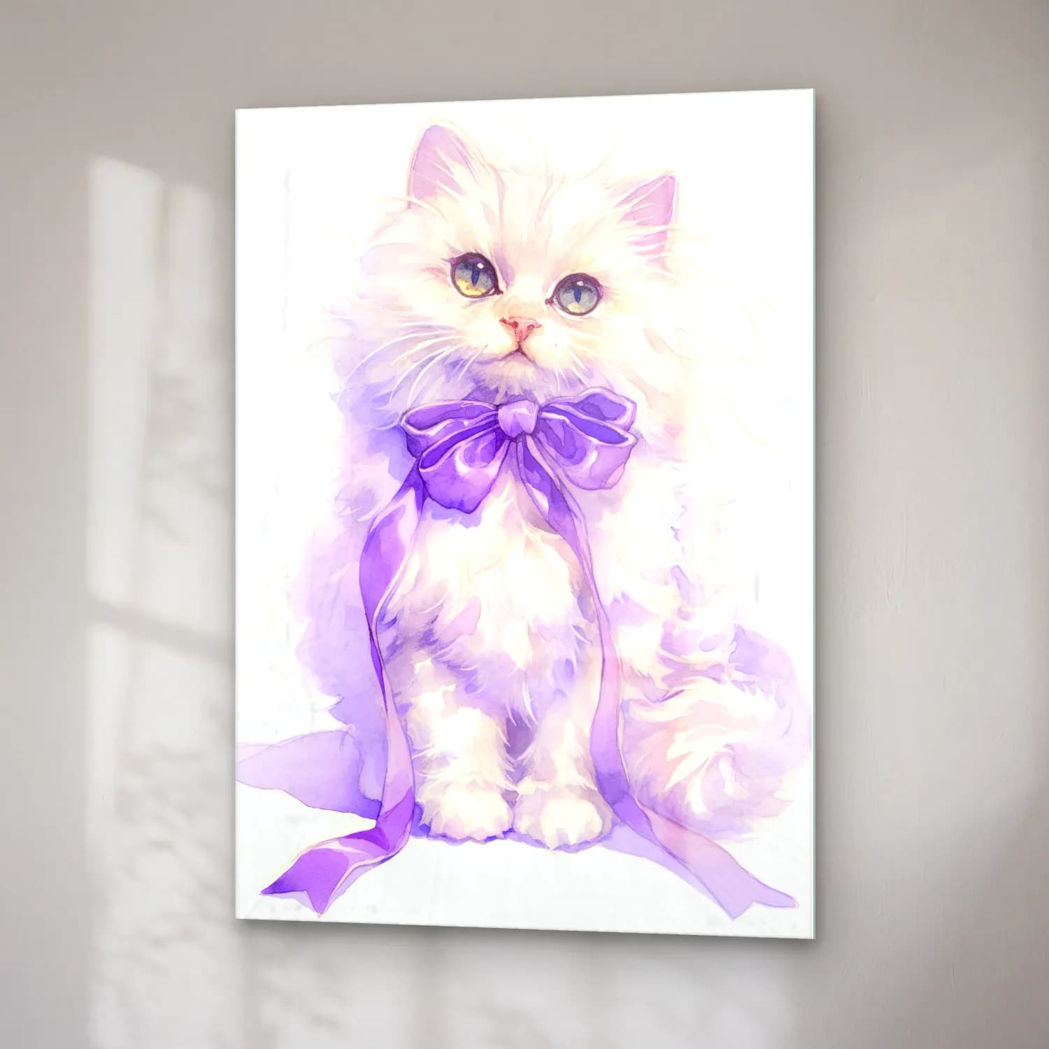 Suluboya Kedi cam tablo — sağ açıdan görünüm